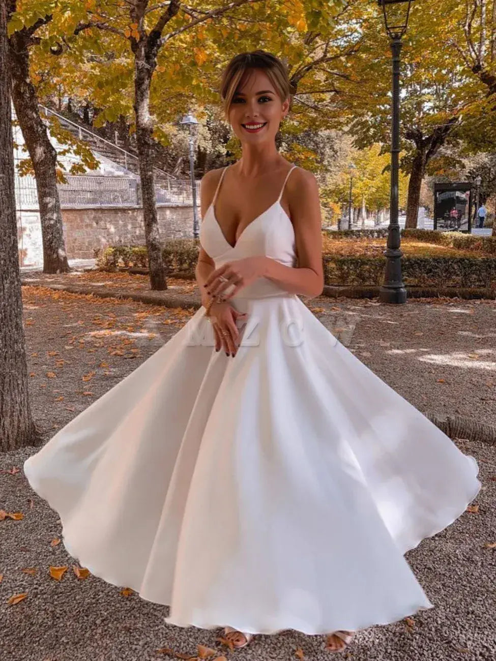 Amzcw Aline V Neck White Prom Dresses Satin Tea Length White Formal Wedding Party Dress Vestido de fiesta en tienda
