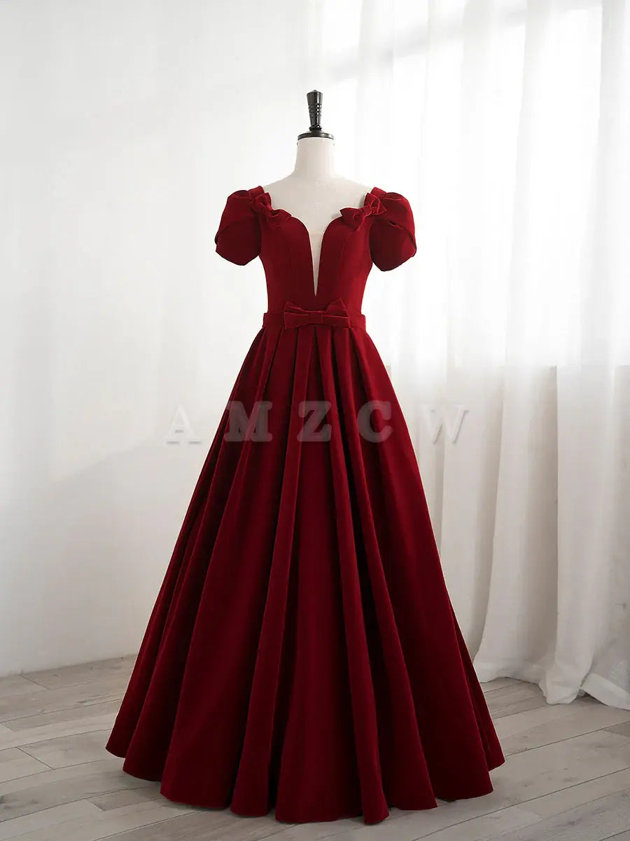 Amzcw A line velvet burgundy long prom dress burgundy bridesmaid dress prom dresses shops