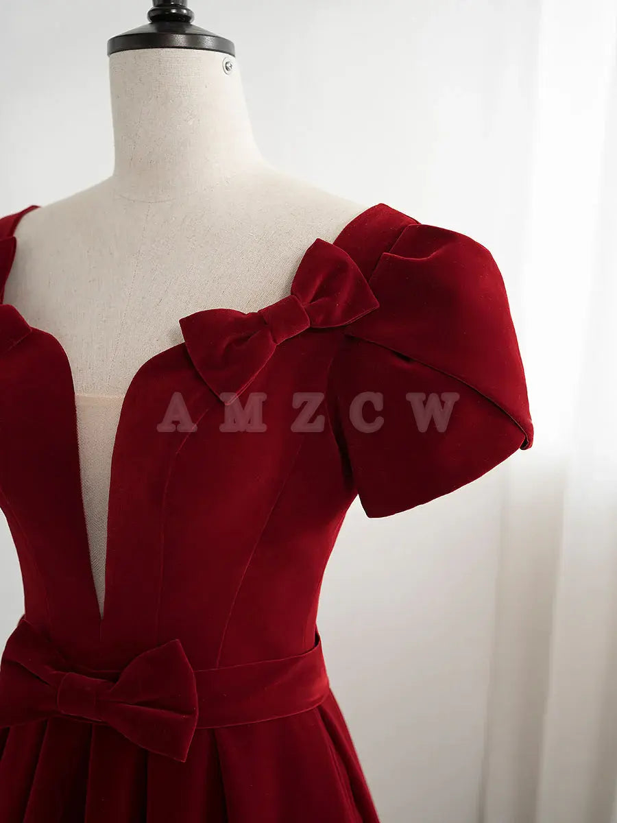 Amzcw A line velvet burgundy long prom dress burgundy bridesmaid dress prom dresses shops