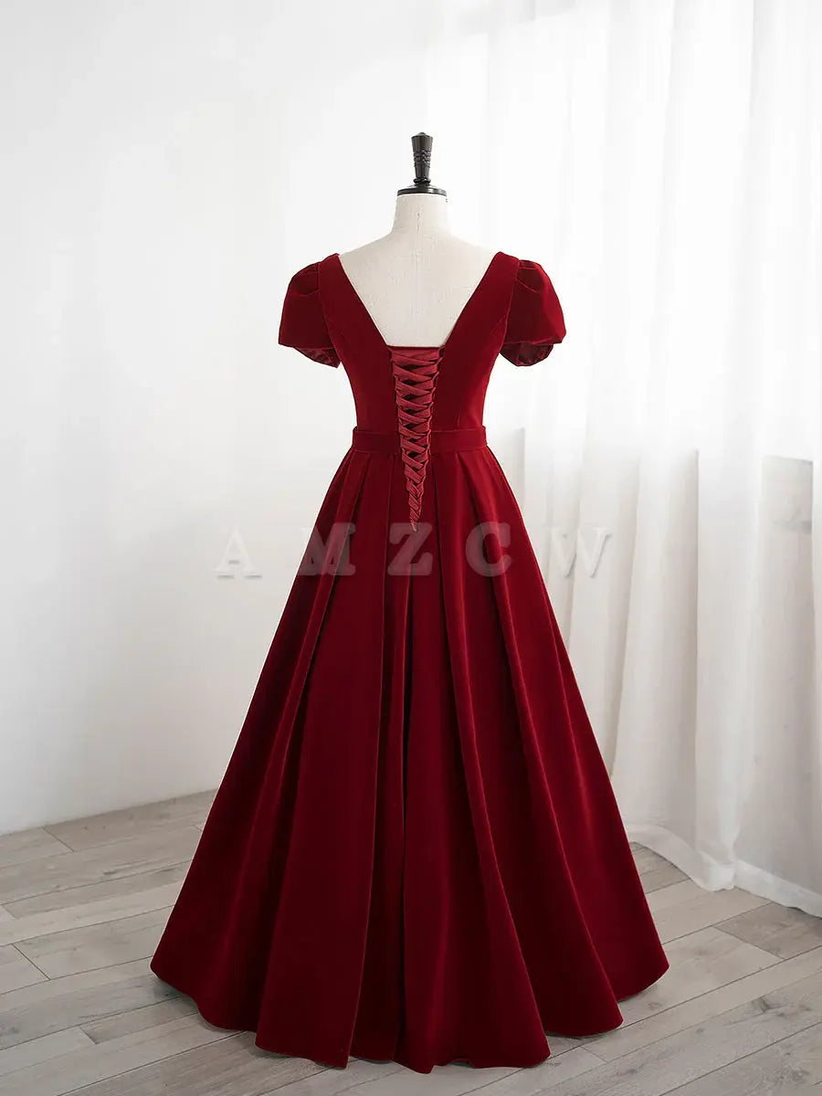 Amzcw A line velvet burgundy long prom dress burgundy bridesmaid dress prom dresses shops