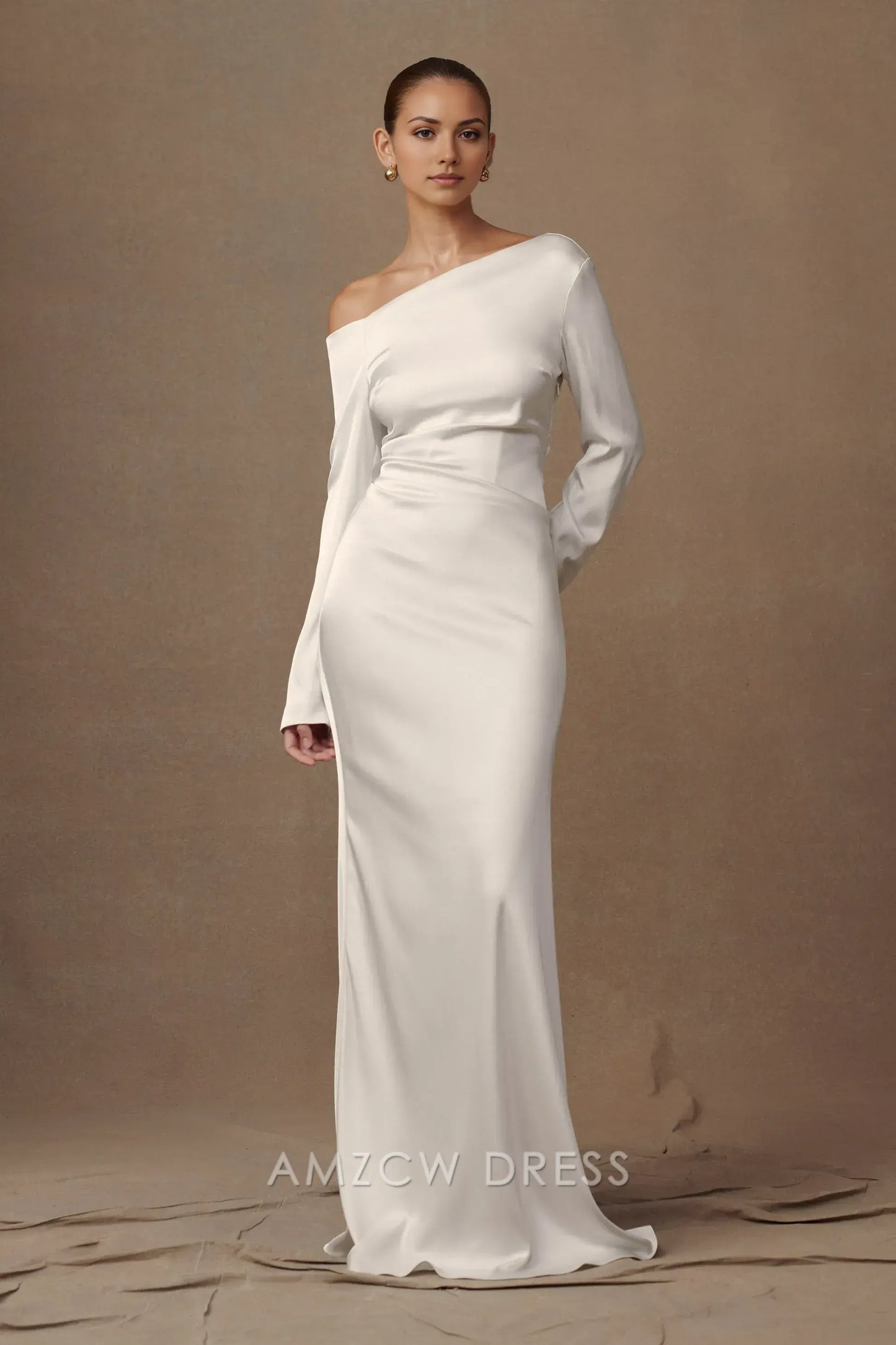 Amzcw Elegant Asymmetric One - Shoulder Satin Gown with Long Sleeves: A Minimalist Masterpiece for Formal Affairs