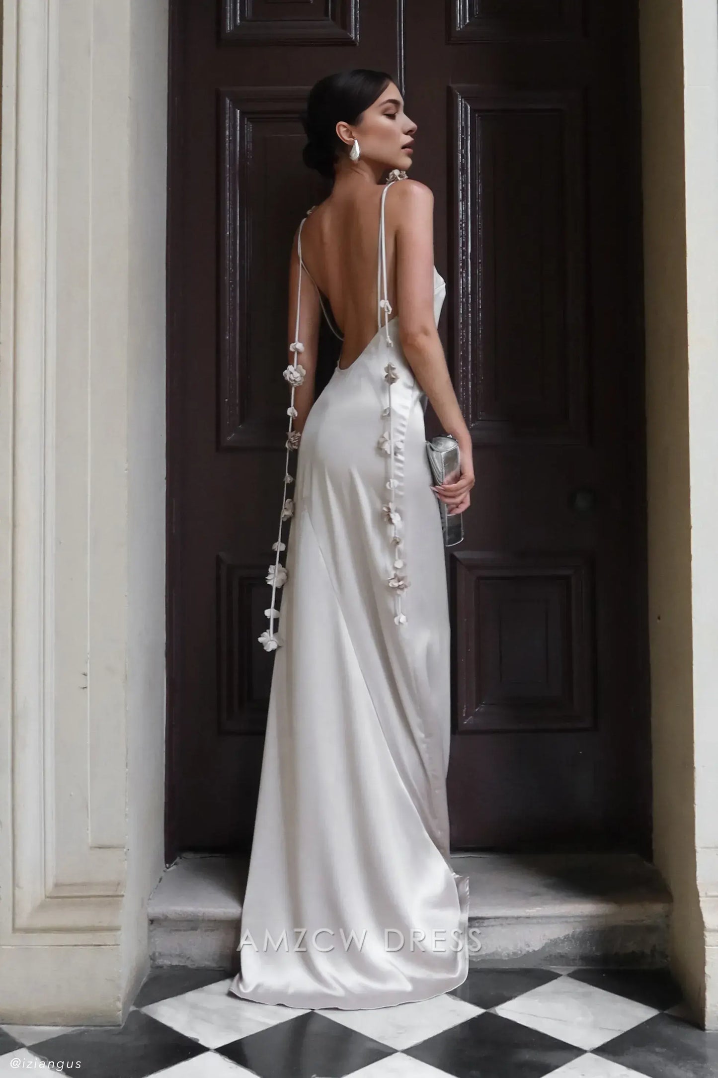 Amzcw Elegant Backless Satin Gown with Floral Straps: Prom & Event Stunner Party wear