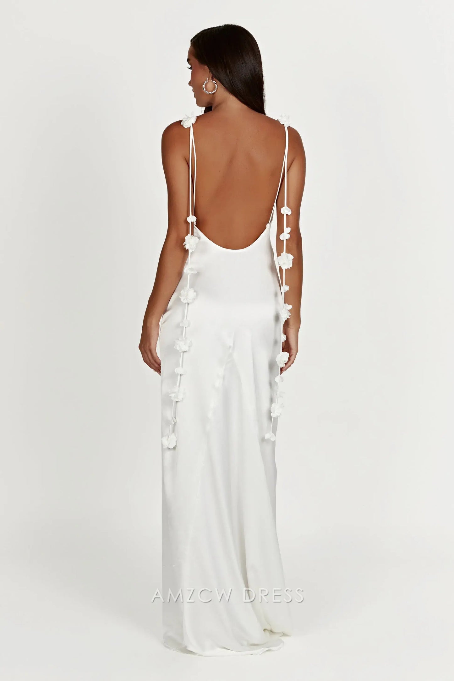 Amzcw Elegant Backless Satin Gown with Floral Straps: Prom & Event Stunner Party wear