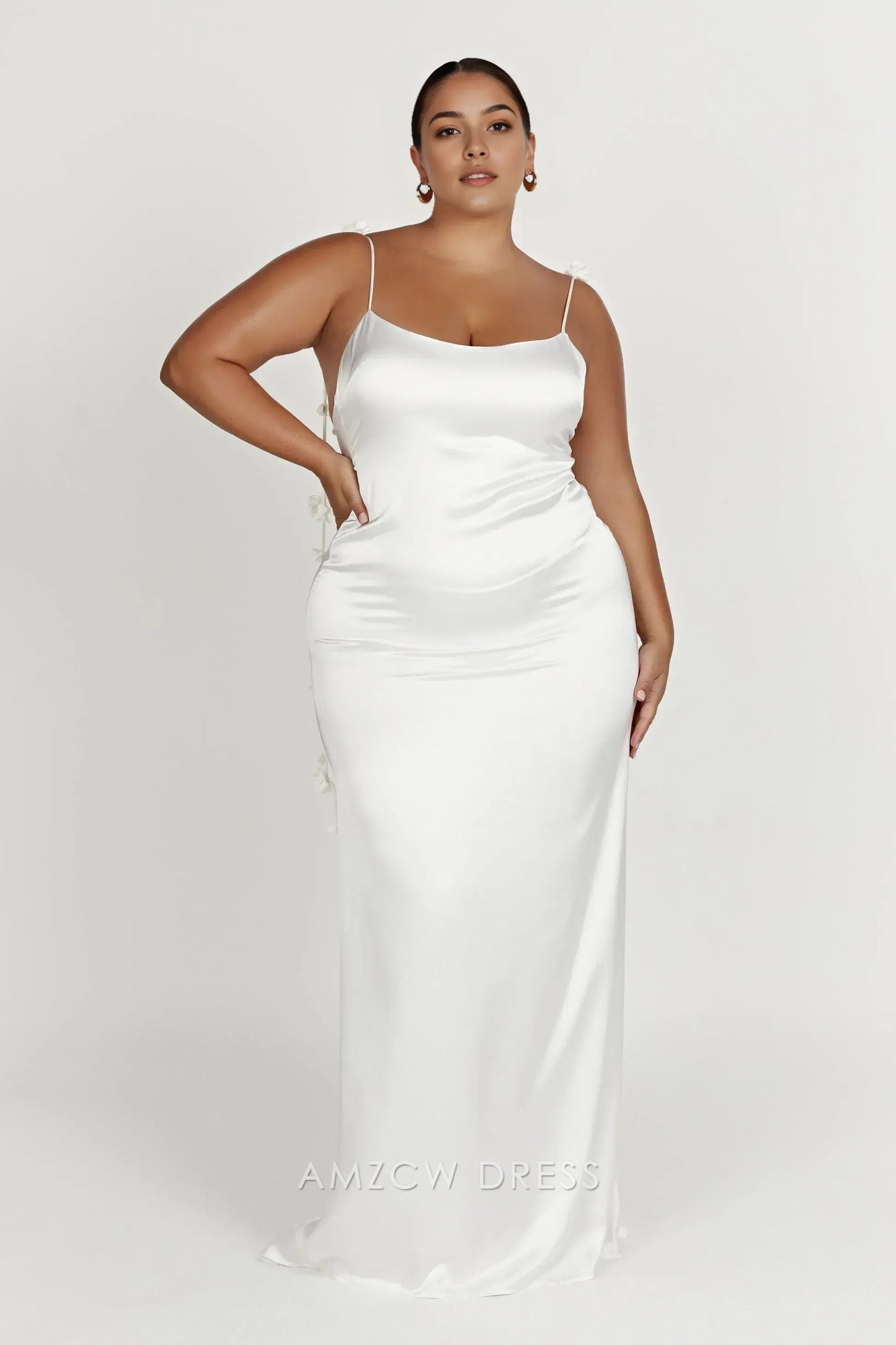 Amzcw Elegant Backless Satin Gown with Floral Straps: Prom & Event Stunner Party wear