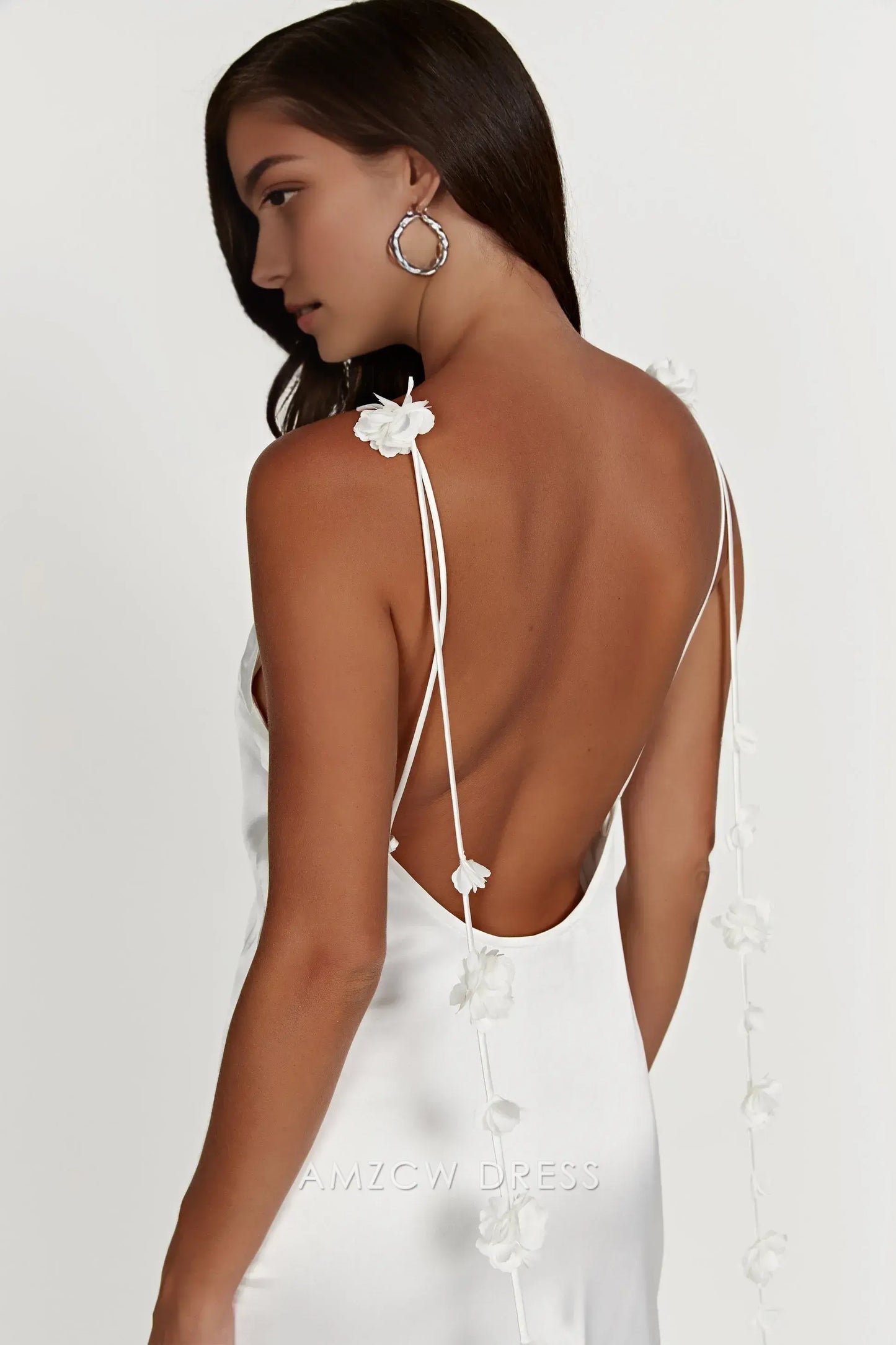 Amzcw Elegant Backless Satin Gown with Floral Straps: Prom & Event Stunner Party wear