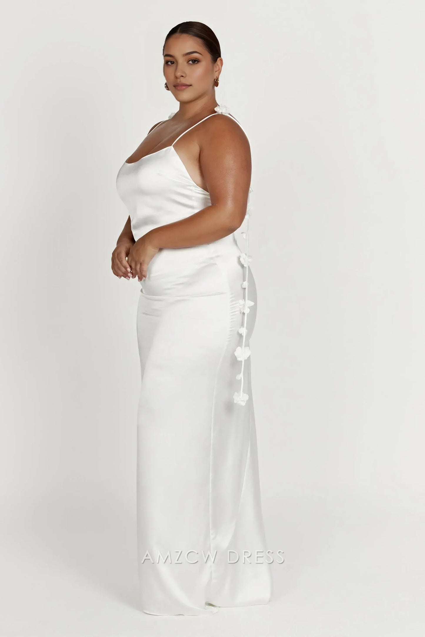 Amzcw Elegant Backless Satin Gown with Floral Straps: Prom & Event Stunner Party wear