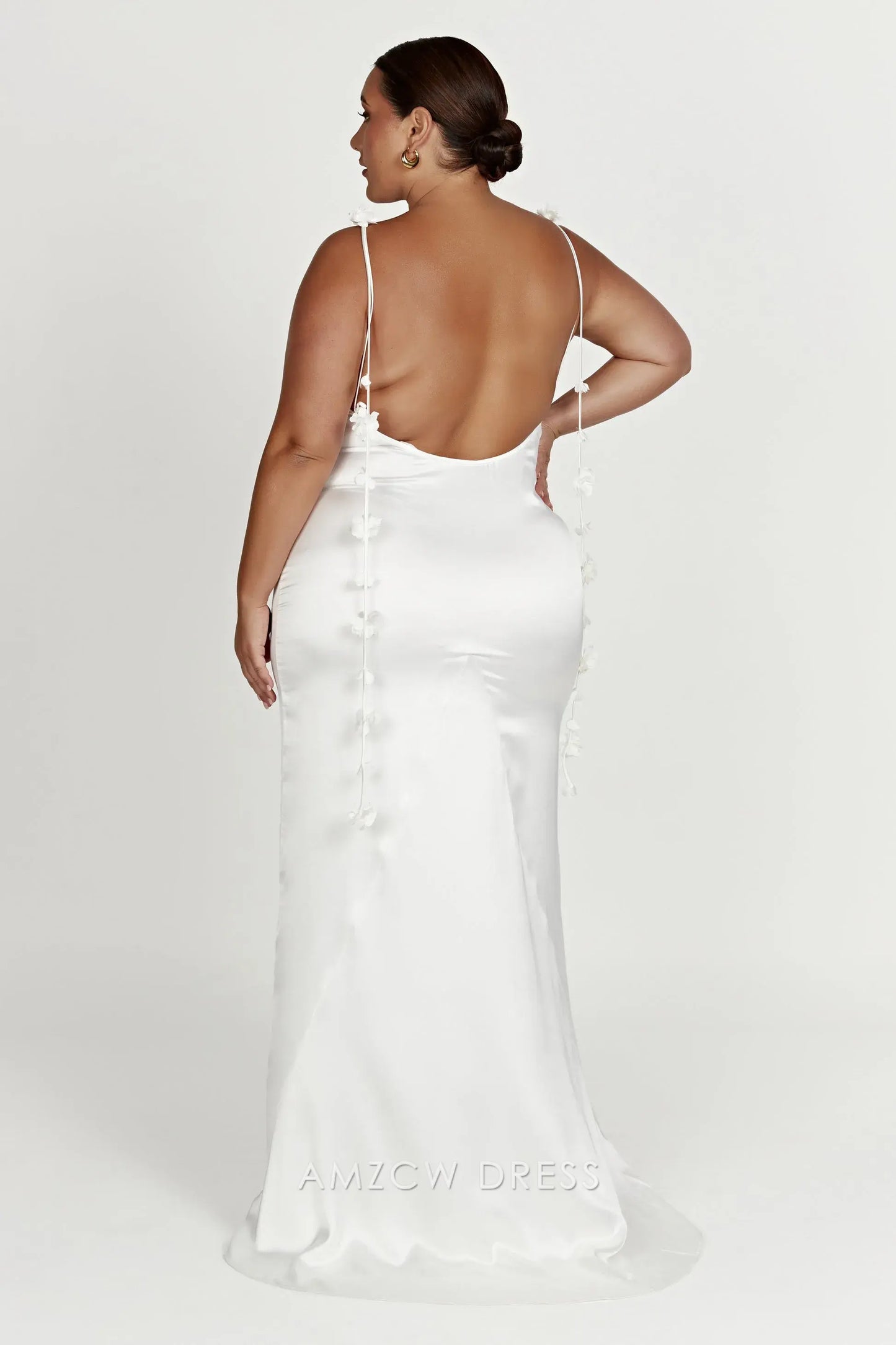 Amzcw Elegant Backless Satin Gown with Floral Straps: Prom & Event Stunner Party wear