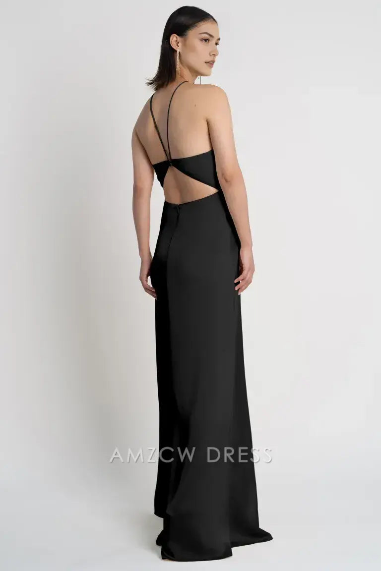 Amzcw - Elegante vestido negro de gasa con cuello halter - Vestido largo ajustado con abertura alta - Vestidos formales