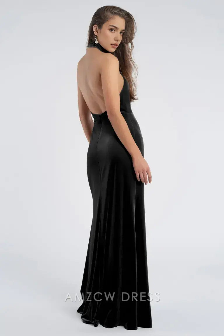Vestido largo elegante de terciopelo negro con cuello halter de Amzcw: vestidos de noche elegantes y elegantes para mujer.