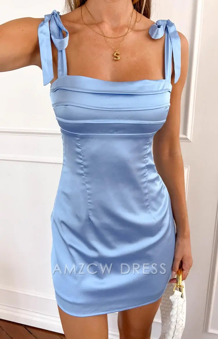 Amzcw Elegant Bow - Strap Satin Mini Dress: A Perfect Fit for Brunch Dates, Garden Parties, and Summer Soirées. Its Dainty Bow Details and Silky Texture Add a Touch of Feminine Grace to Every Moment.