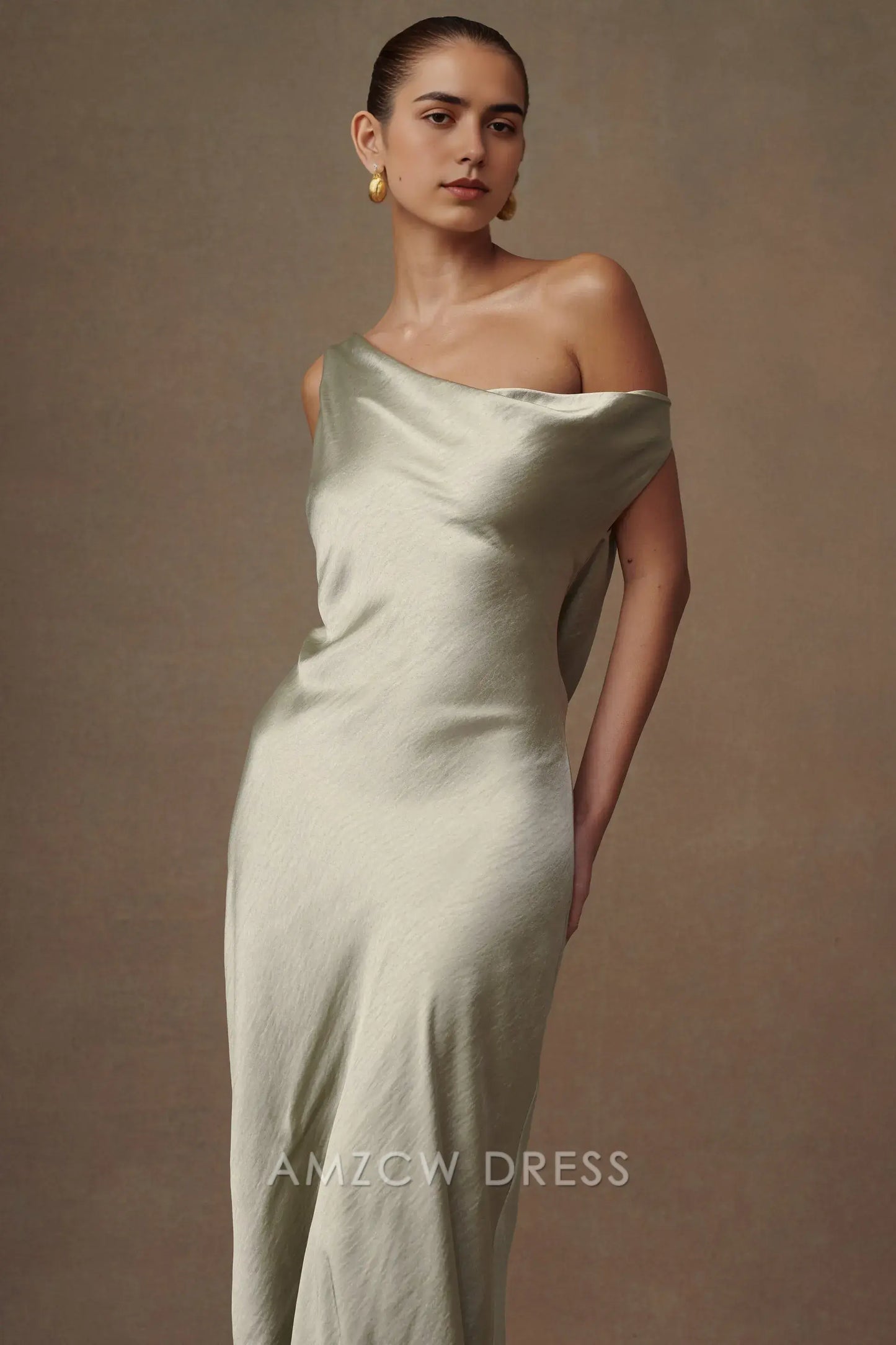 Amzcw Elegant Chic Asymmetric Satin Dress: One - Shoulder & Draped Back Detail Party wear