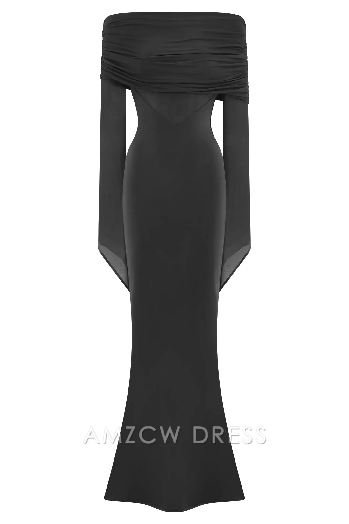 Vestido de noche negro elegante y chic de Amzcw: hombros descubiertos, paneles transparentes y espalda fruncida. Para fiestas.