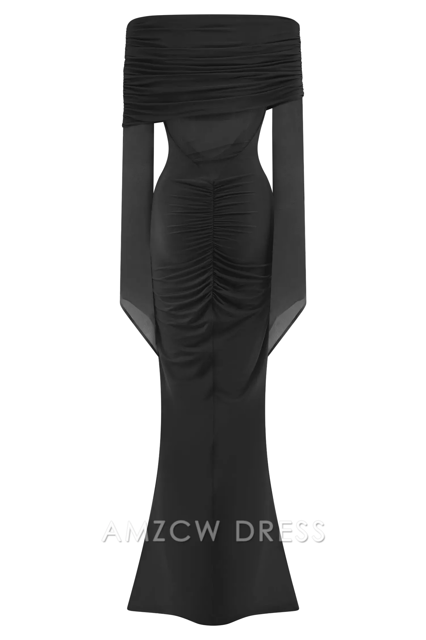 Vestido de noche negro elegante y chic de Amzcw: hombros descubiertos, paneles transparentes y espalda fruncida. Para fiestas.