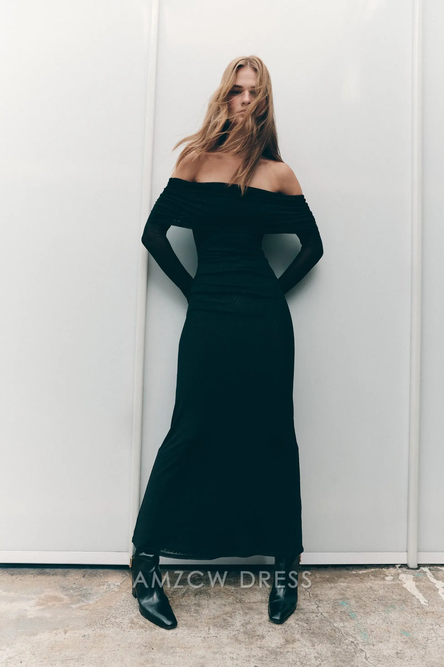 Amzcw Elegant Chic Off - Shoulder Evening Gown: Sheer Sleeves & Form - Fitting Silhouette Party wear