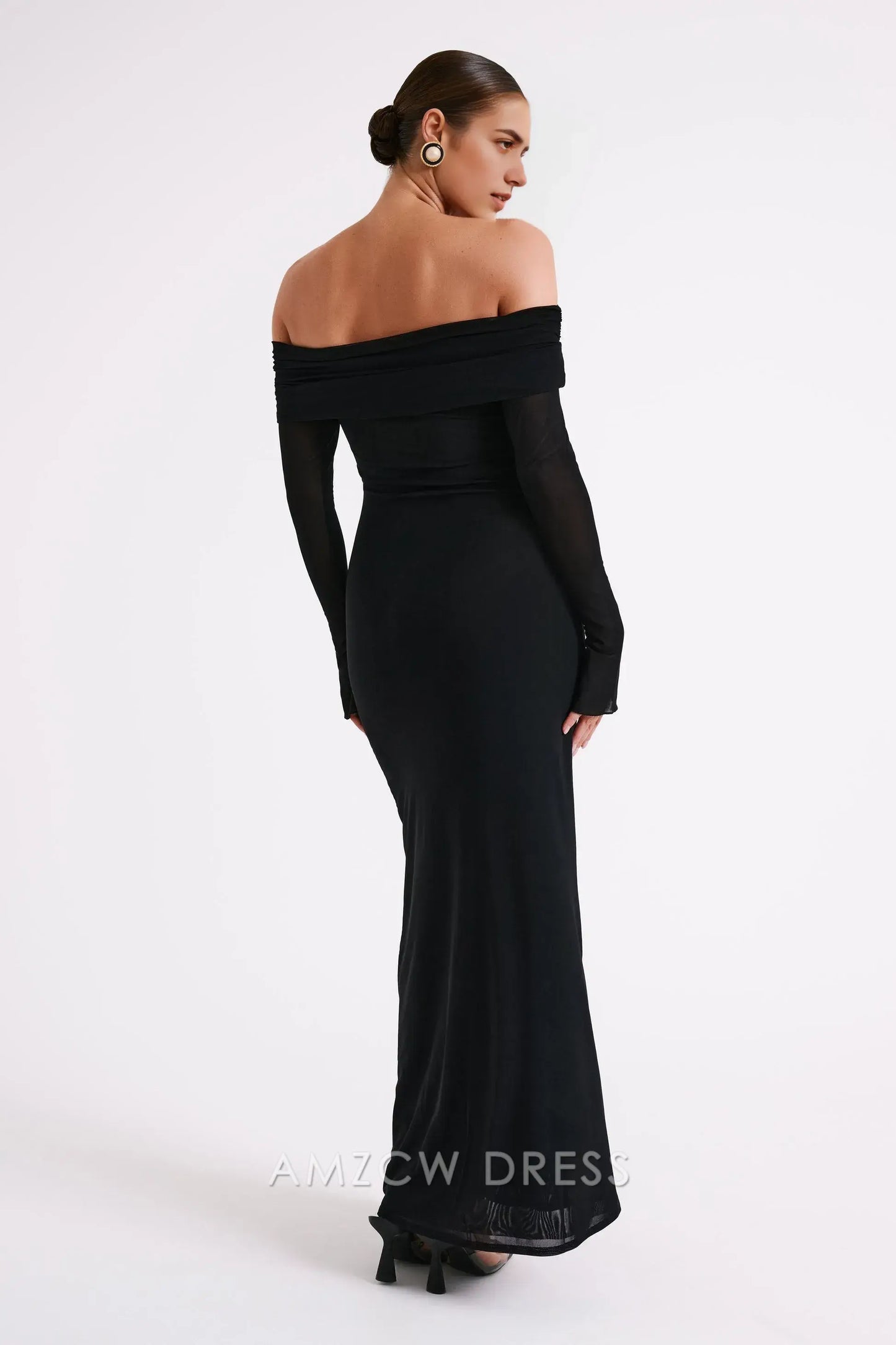 Amzcw Elegant Chic Off - Shoulder Evening Gown: Sheer Sleeves & Form - Fitting Silhouette Party wear