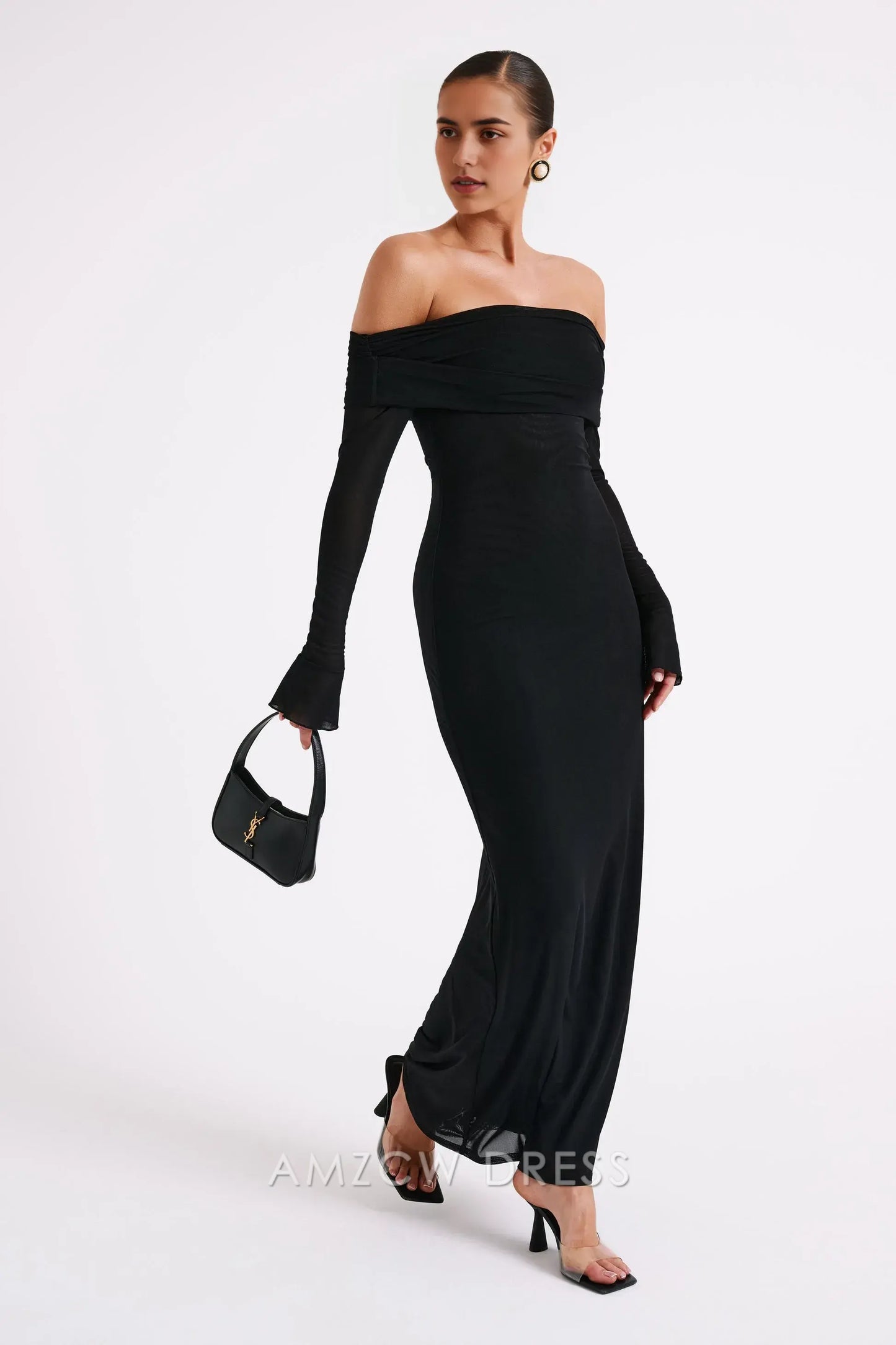 Amzcw Elegant Chic Off - Shoulder Evening Gown: Sheer Sleeves & Form - Fitting Silhouette Party wear