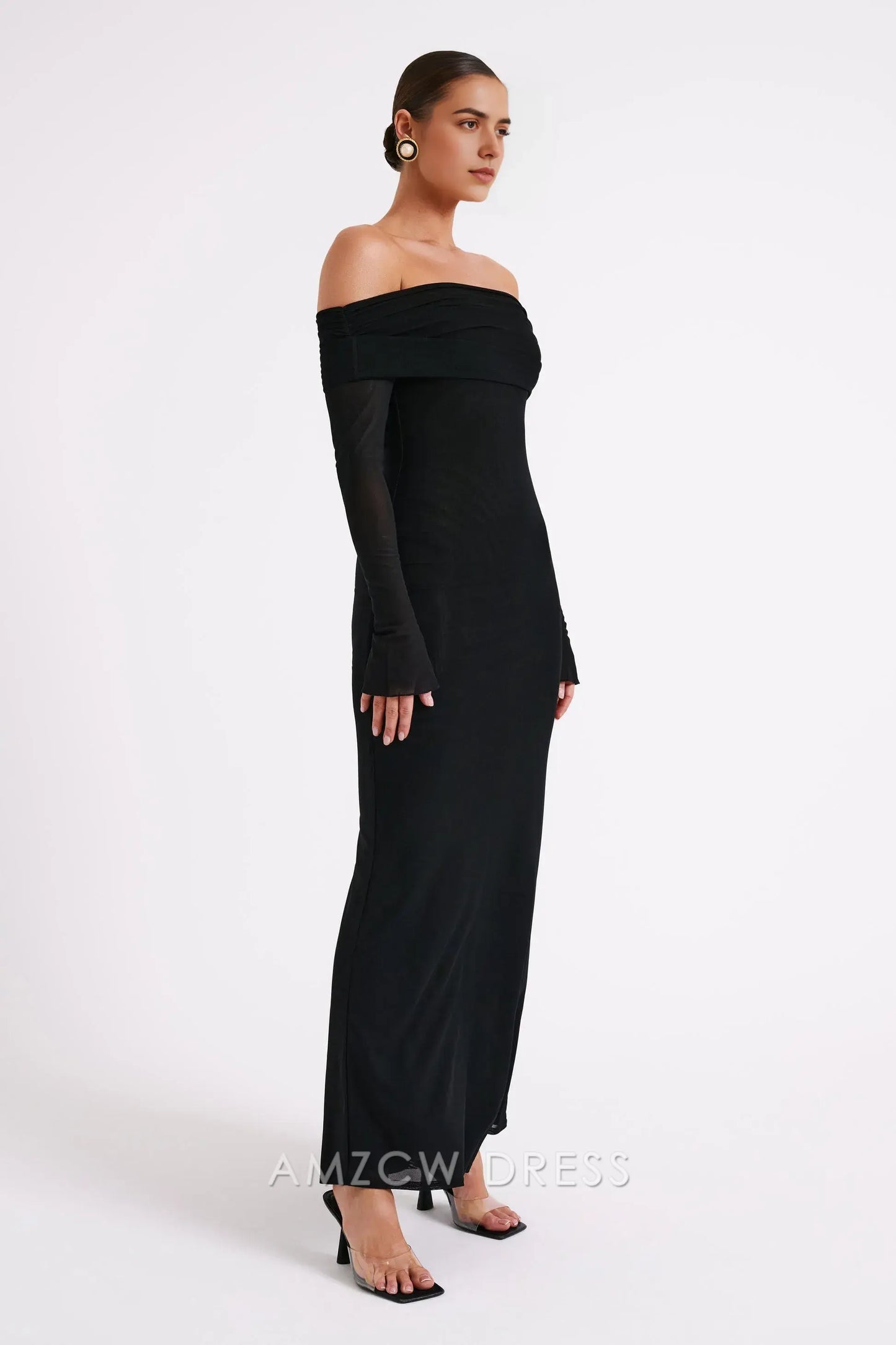Amzcw Elegant Chic Off - Shoulder Evening Gown: Sheer Sleeves & Form - Fitting Silhouette Party wear