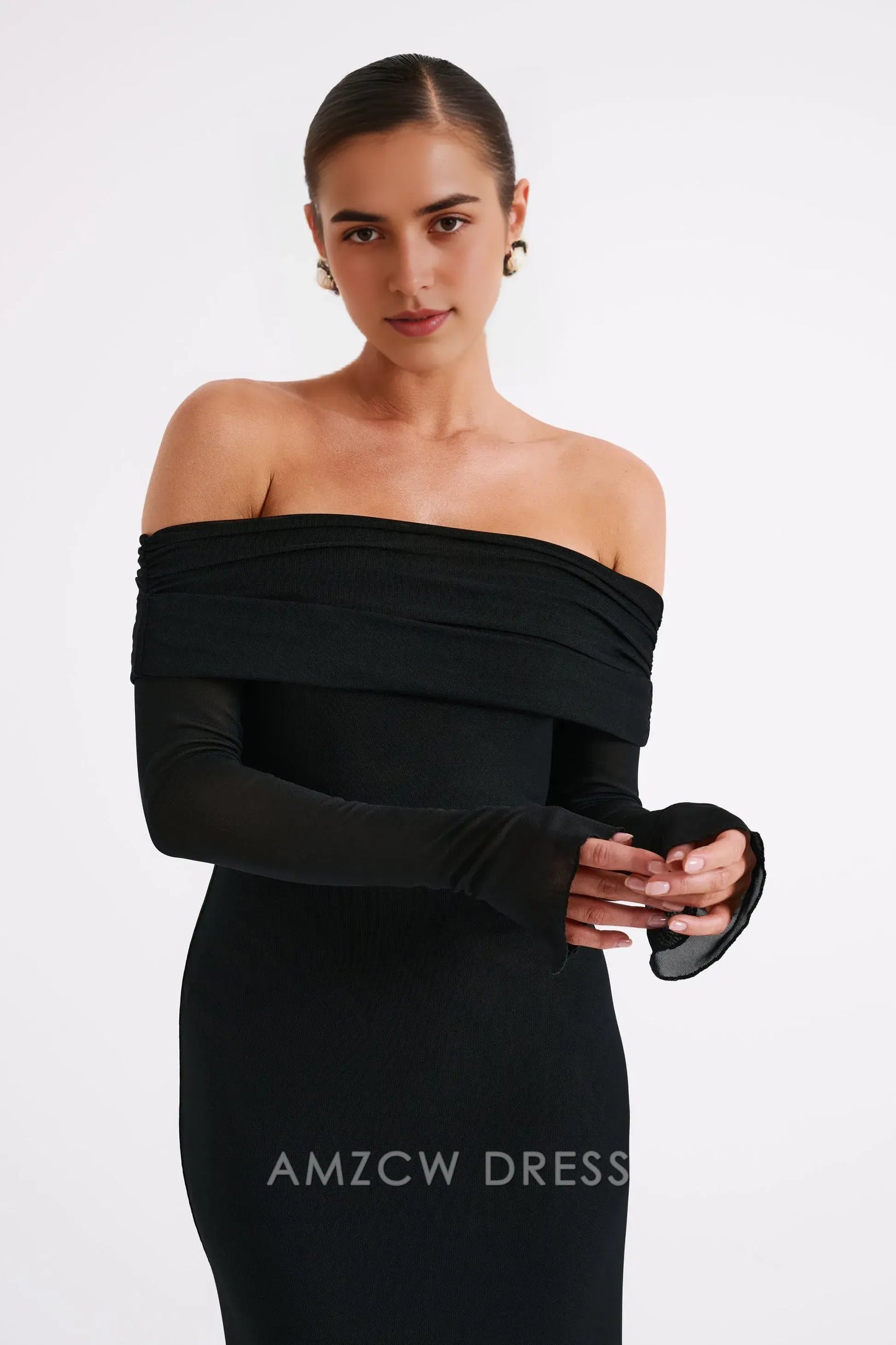 Amzcw Elegant Chic Off - Shoulder Evening Gown: Sheer Sleeves & Form - Fitting Silhouette Party wear
