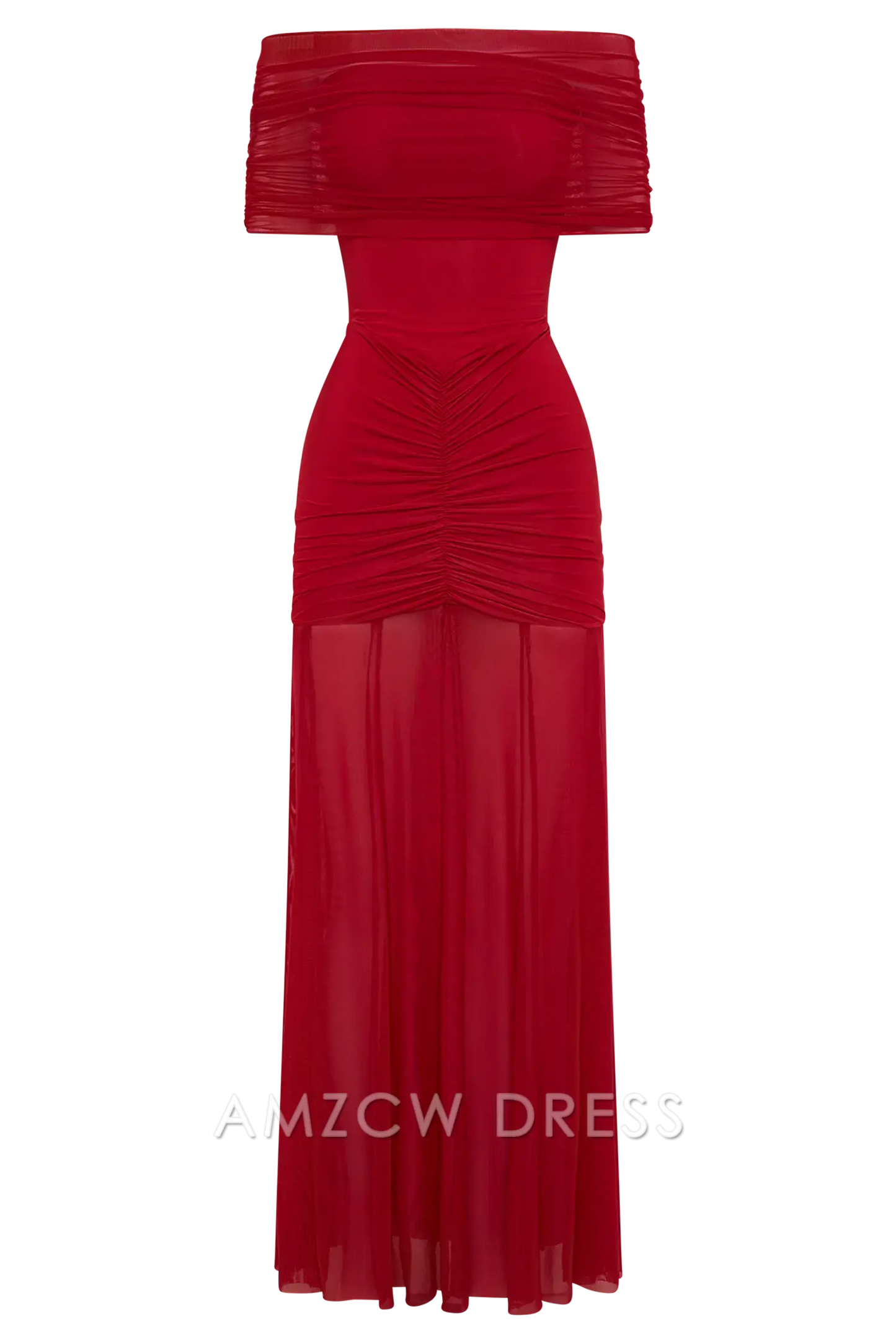 Vestido de noche rojo elegante y chic de Amzcw: hombros descubiertos, detalles fruncidos y corte sirena. Vestido de fiesta.