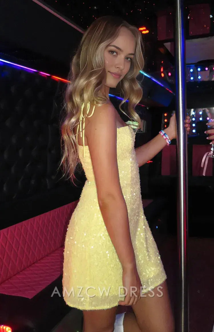 Amzcw Elegant Chic Sequin - Embellished Mini Gown: Shine at Proms & Galas Party wear