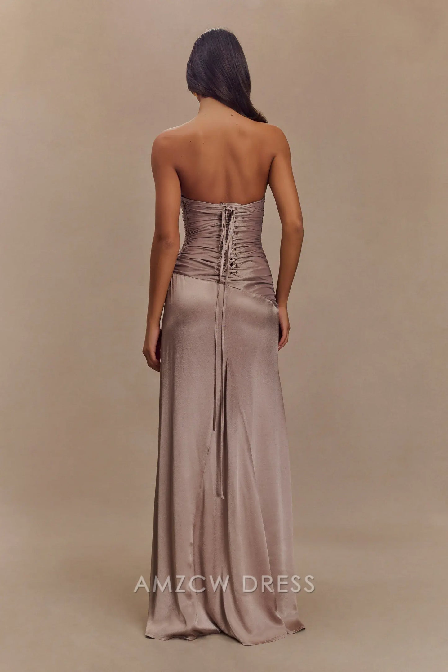 Amzcw Elegant Chic Strapless Evening Dress: Satin Fabric, Ruched Details & Lace - Up Back Party wear