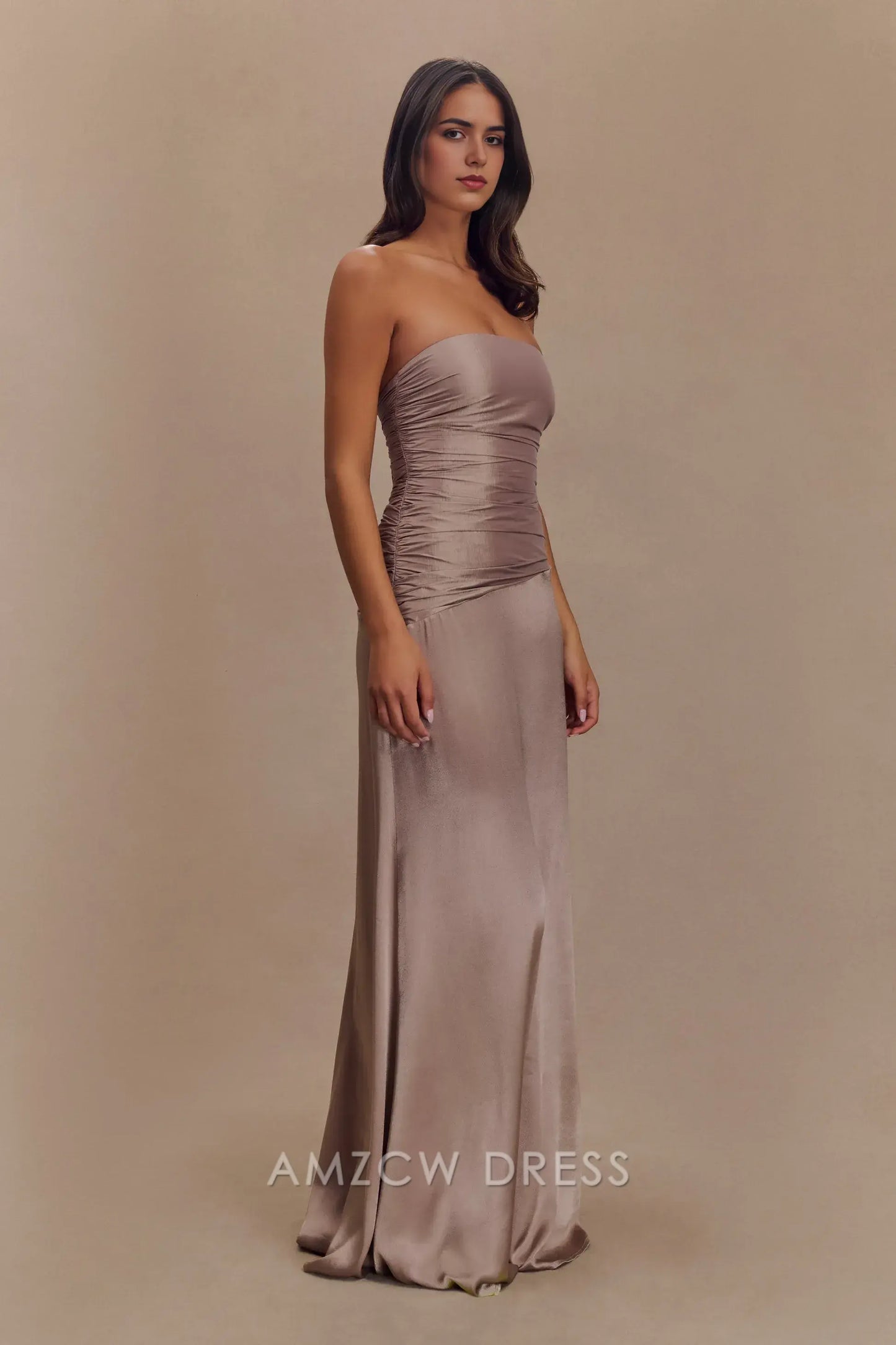 Amzcw Elegant Chic Strapless Evening Dress: Satin Fabric, Ruched Details & Lace - Up Back Party wear