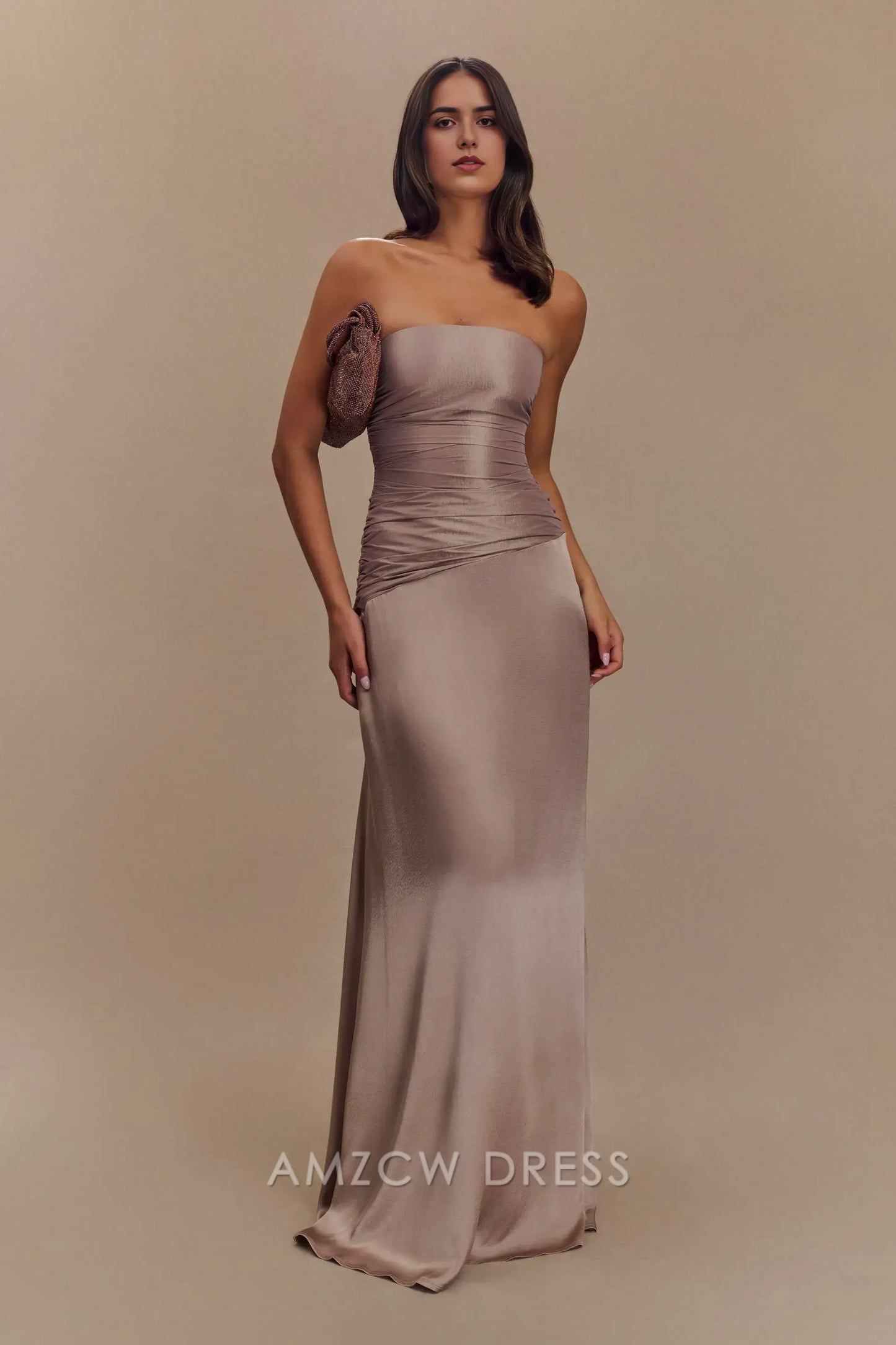 Amzcw Elegant Chic Strapless Evening Dress: Satin Fabric, Ruched Details & Lace - Up Back Party wear