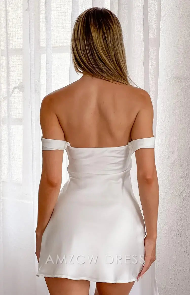Amzcw Elegant Chic White Off - Shoulder Dress: Satin Fabric & Bow - Detailed Straps Party wear