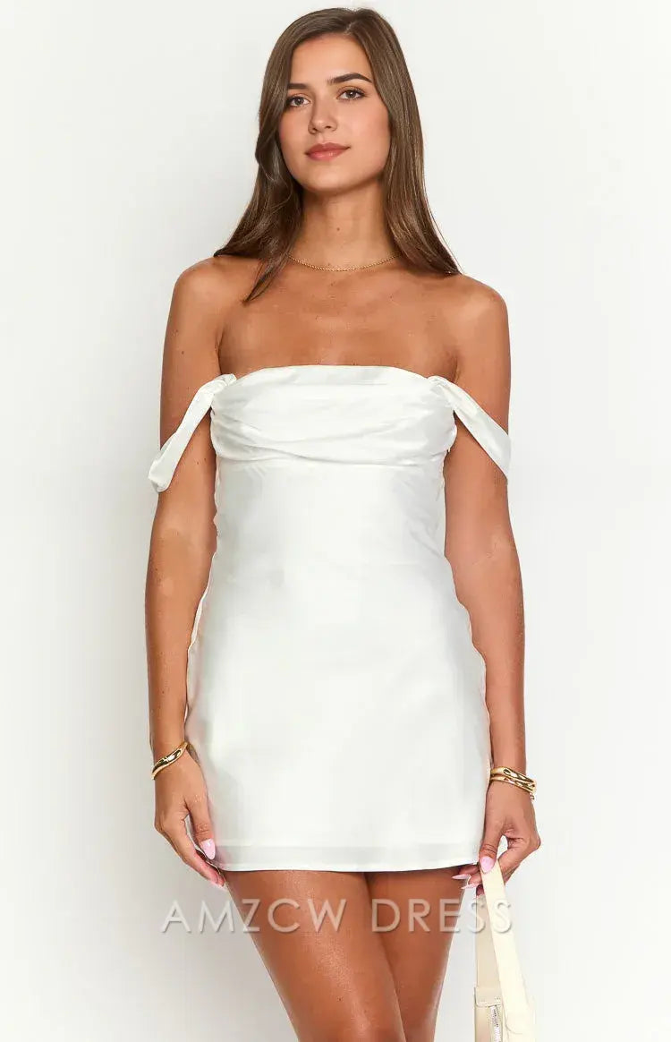 Amzcw Elegant Chic White Off - Shoulder Dress: Satin Fabric & Bow - Detailed Straps Party wear