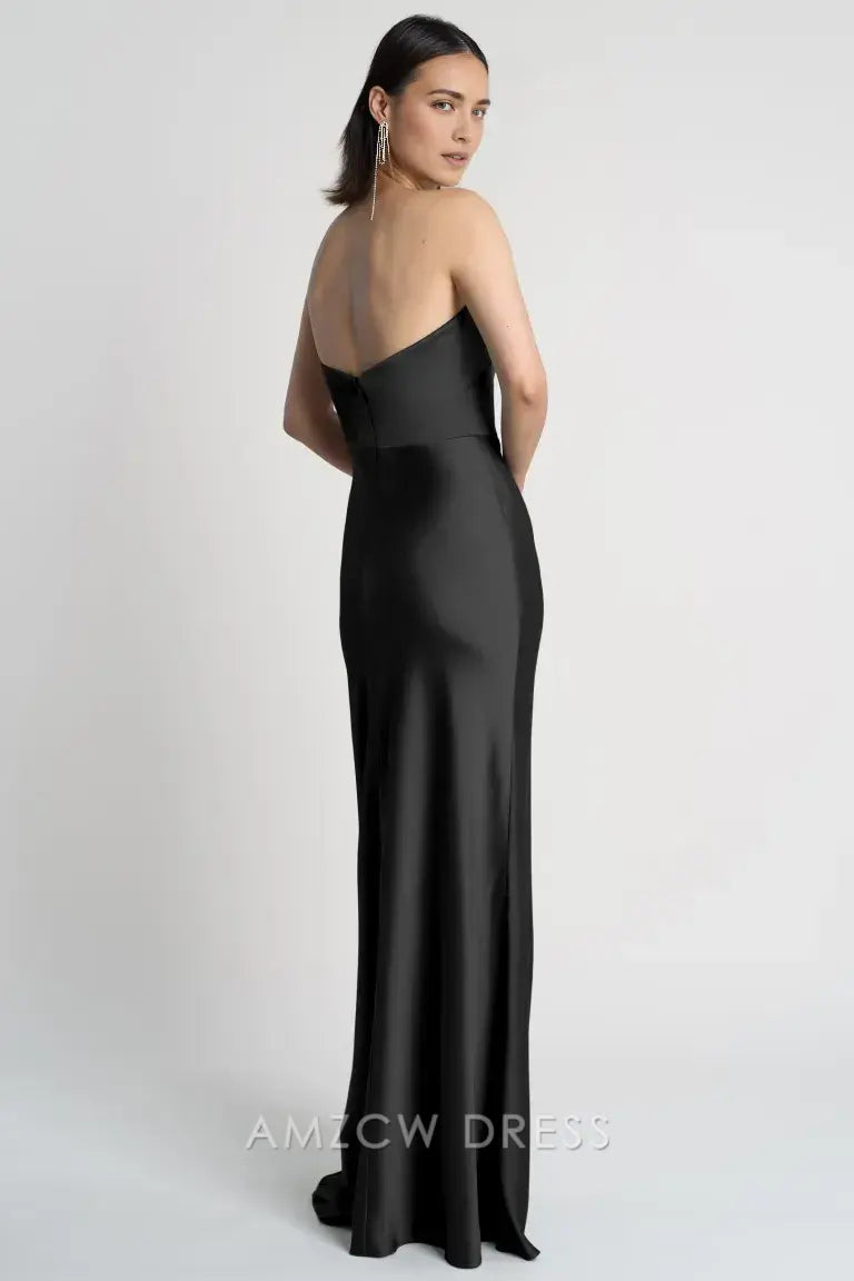 Vestido largo elegante clásico de satén negro sin tirantes Amzcw, vestidos formales