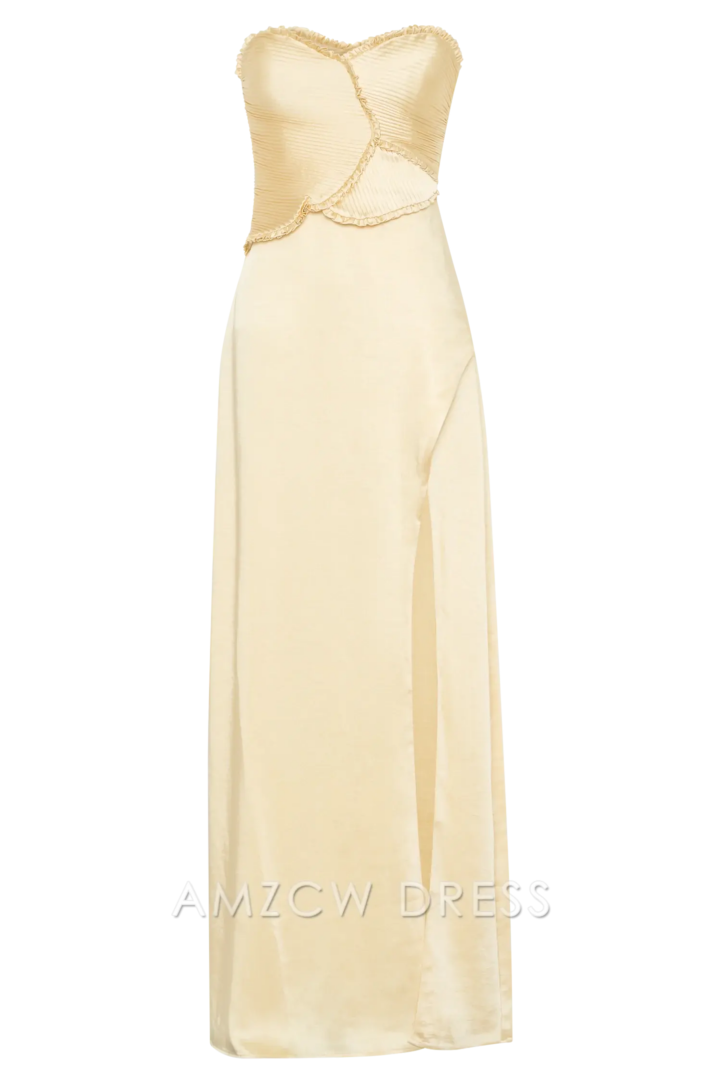 Amzcw Elegant Elegant Strapless Gown with Pleated Bodice & High Slit Party wear