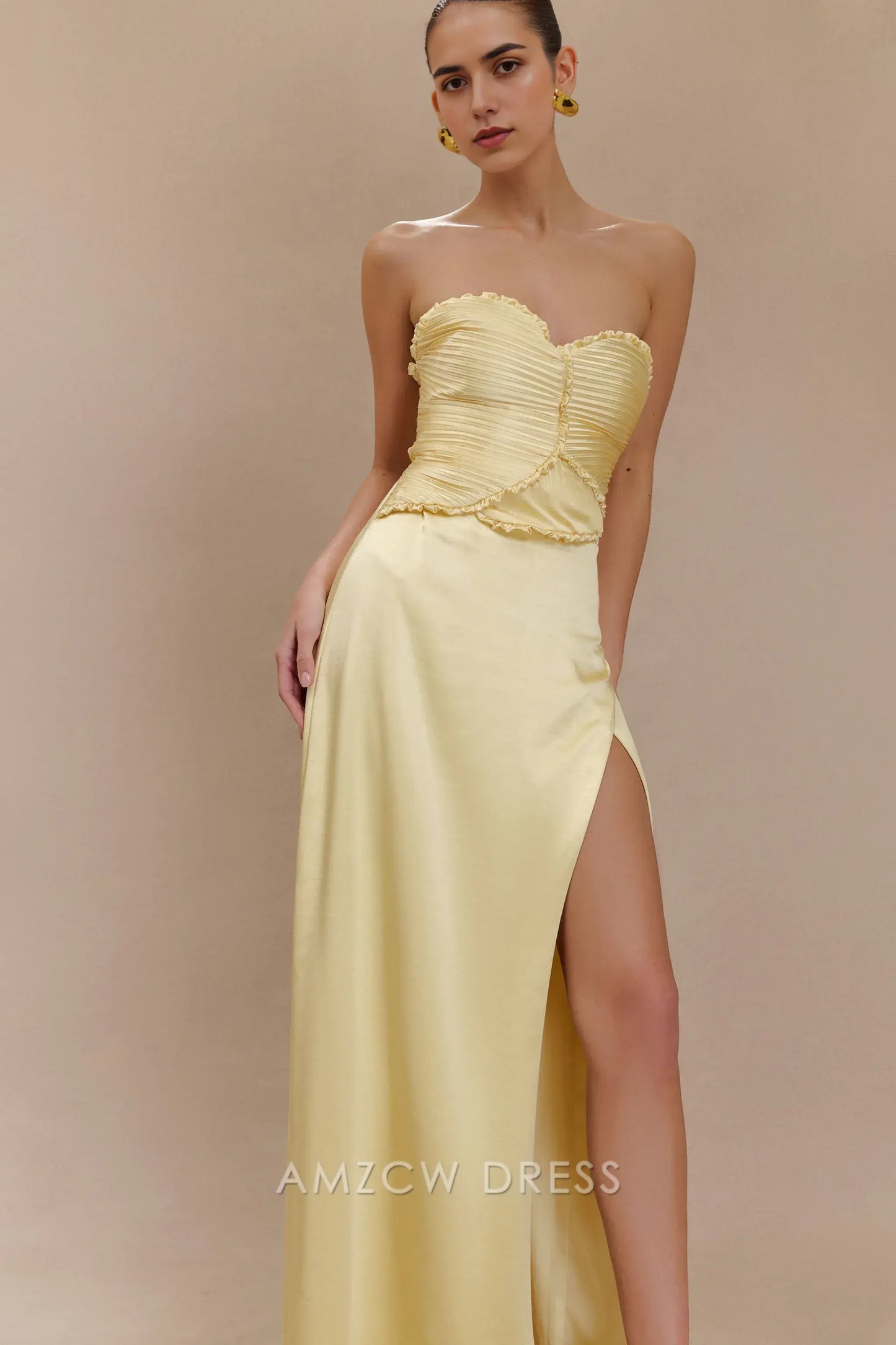 Amzcw Elegant Elegant Strapless Gown with Pleated Bodice & High Slit Party wear