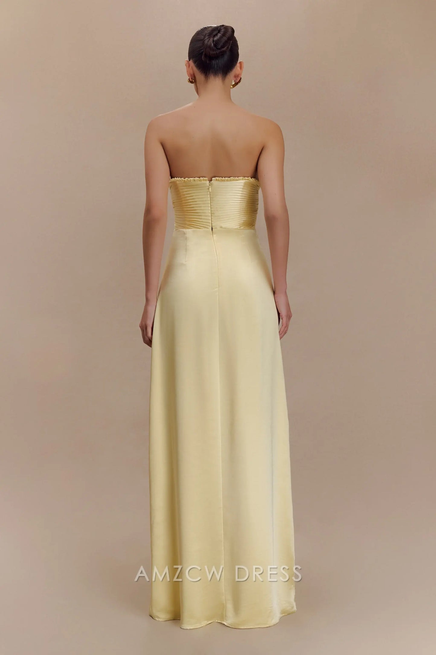 Amzcw Elegant Elegant Strapless Gown with Pleated Bodice & High Slit Party wear