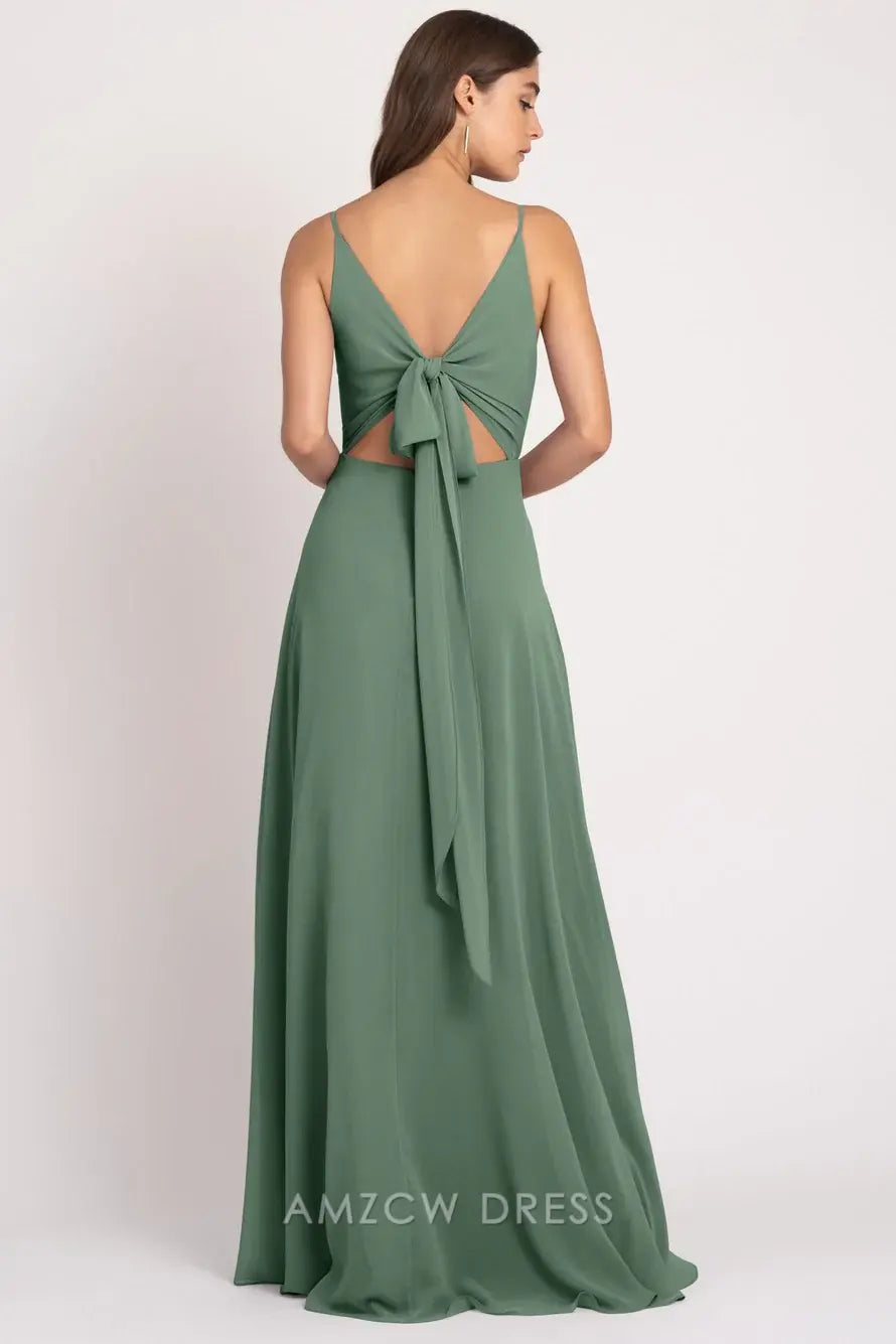 Elegante vestido de gasa verde esmeralda Amzcw con escote en V profundo, tirantes finos, cintura alta, holgado, vestido formal largo.