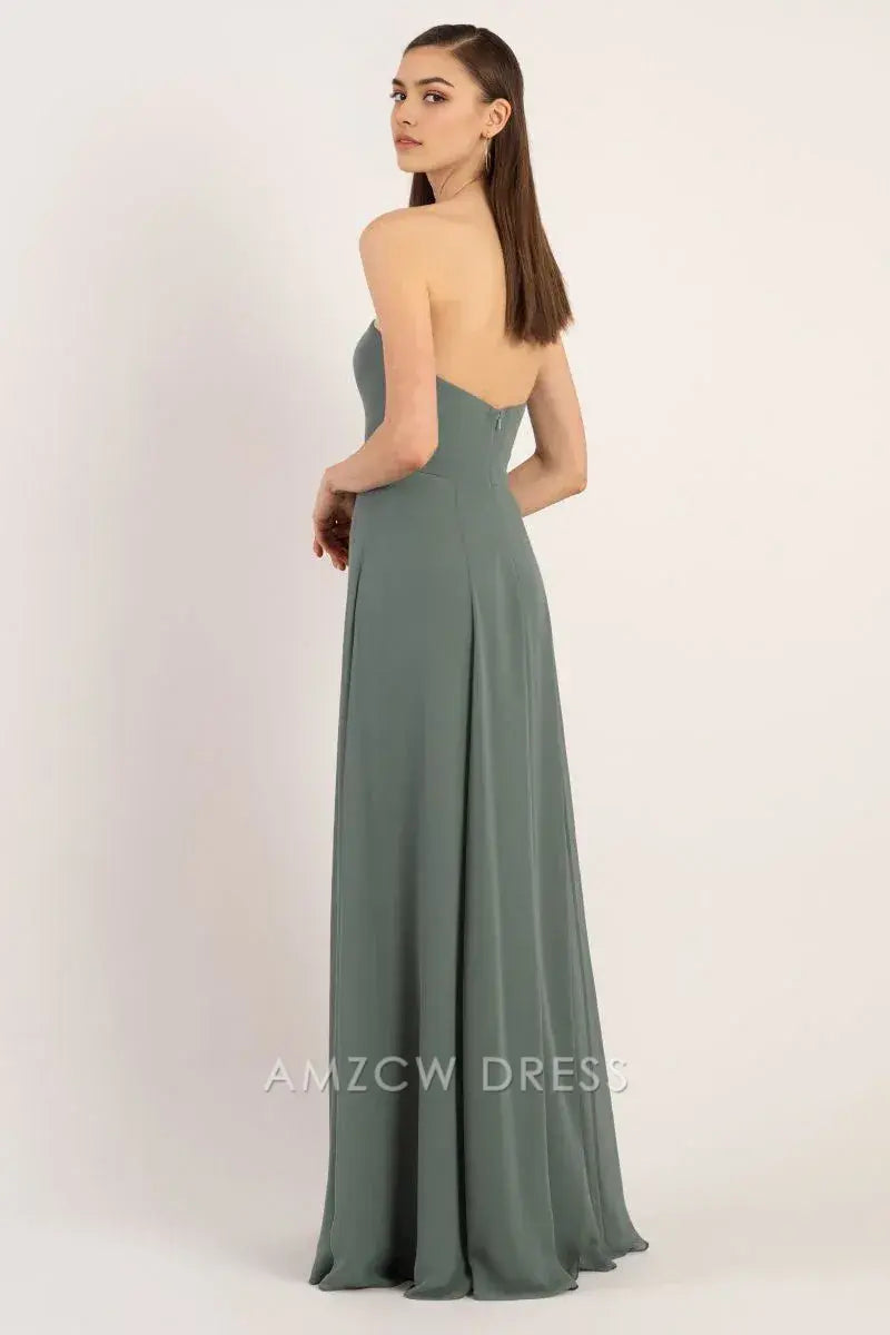 Vestido elegante de gasa verde esmeralda sin tirantes de Amzcw: vestido largo fluido con abertura alta, vestidos formales