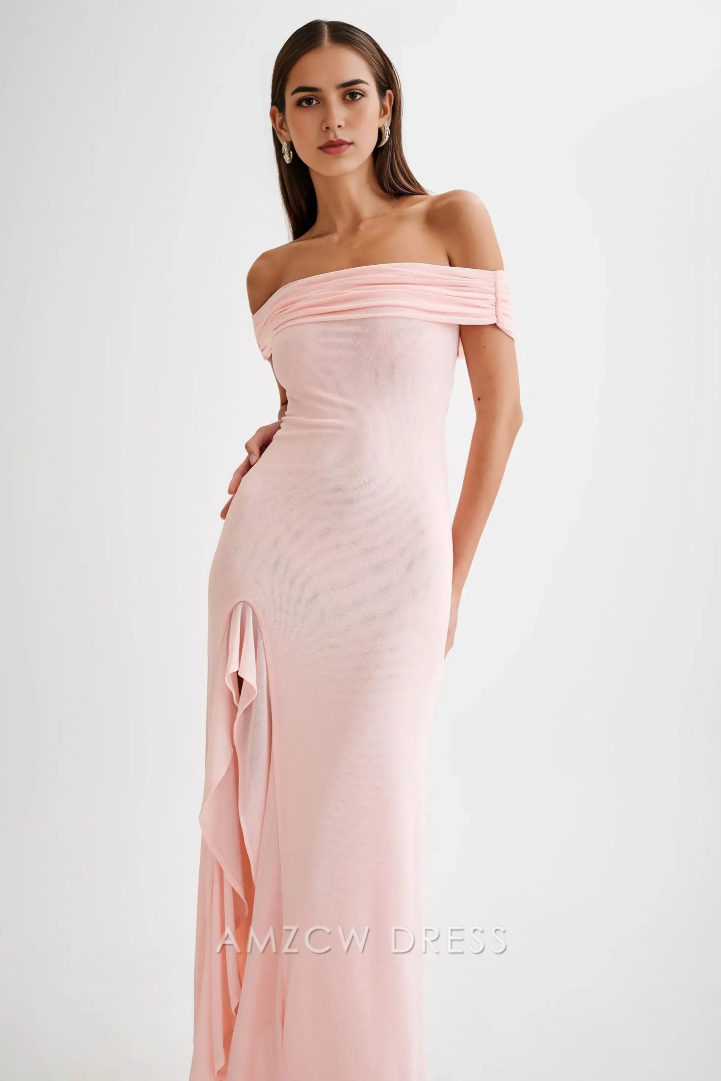 Amzcw Elegant Eye - Catching Off - Shoulder Gown: Ruffled Slit & Cutout Back Design Party wear