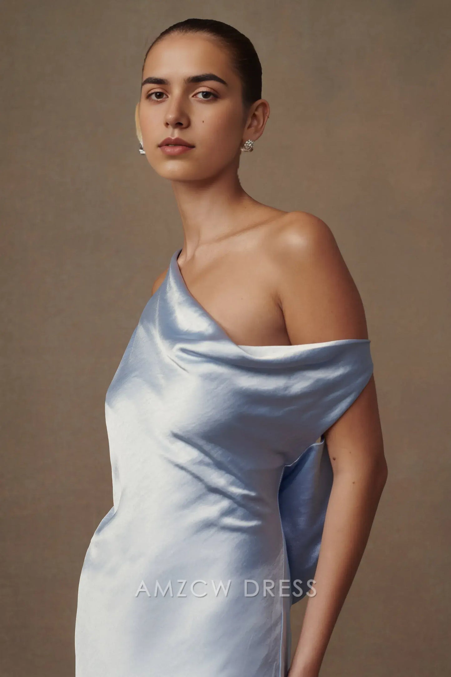 Amzcw Elegant Eye - Catching One - Shoulder Gown: Satin Drape & Open Back Detail Party wear
