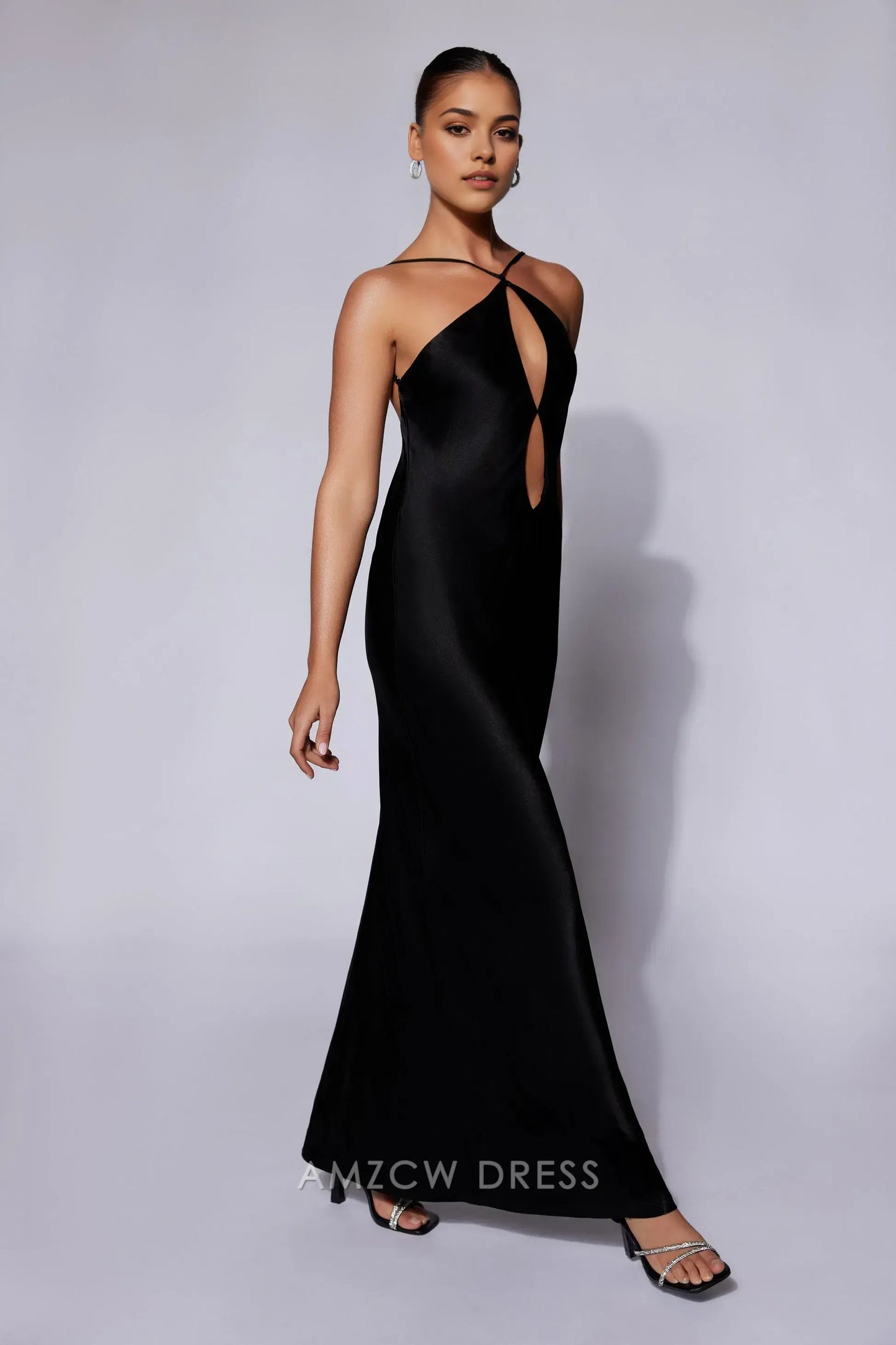 Amzcw Elegant Halter Neck Backless Satin Gown: Prom & Event Stunner Party wear