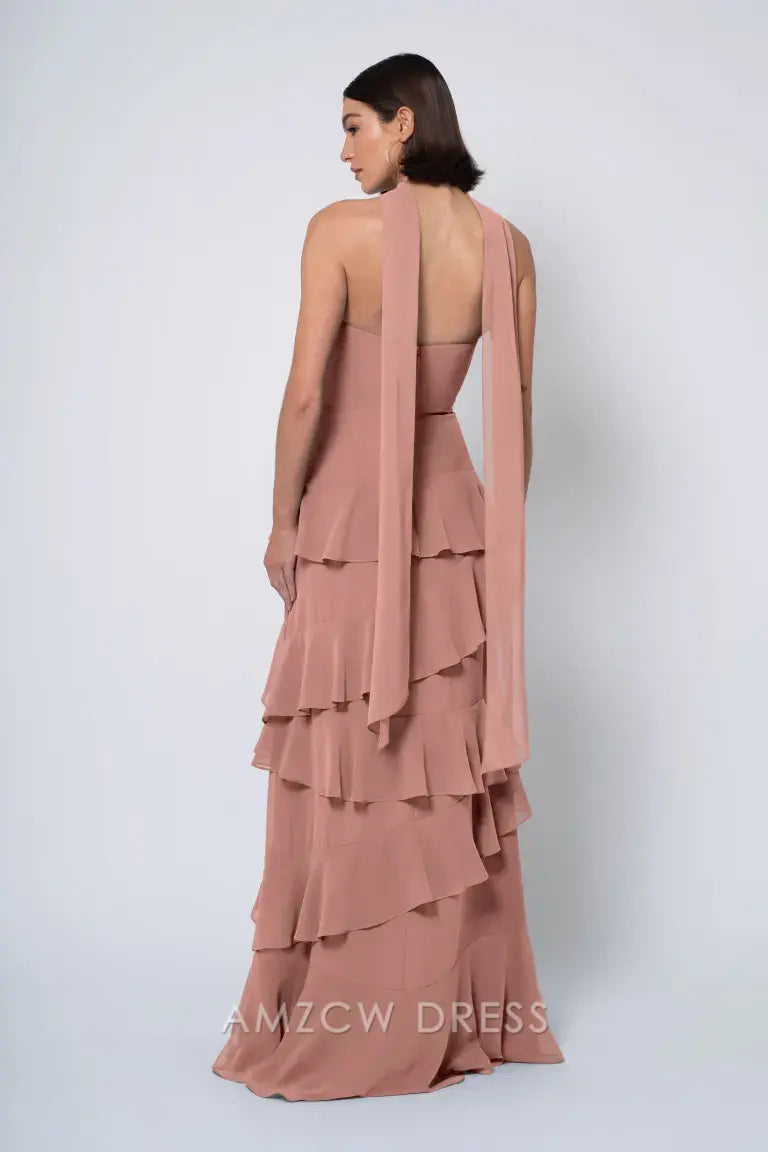 Amzcw Elegant Halter Neckline Ruffled Tiered Gown: Romantic Whimsy formal wear dresses