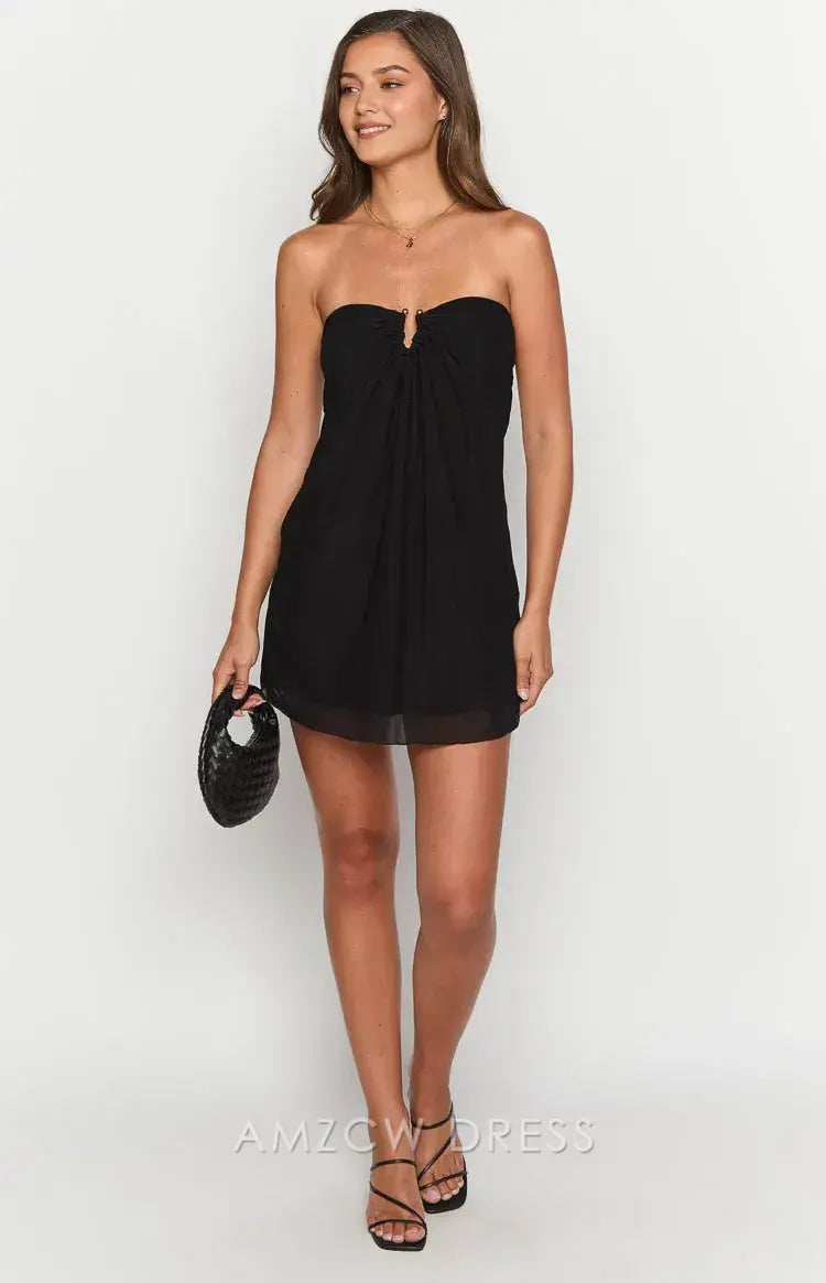 Amzcw Elegant Homecoming Dresses A-Line Black Strapless Mini Dress short hot sale for women