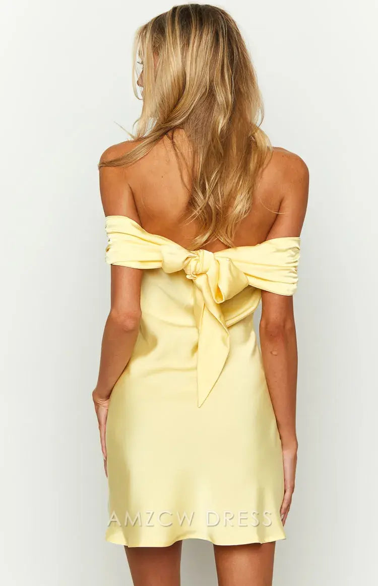 Amzcw Elegant Homecoming Dresses A-Line Primrose Yellow Satin Off the Shoulder Mini Dress short hot sale for women