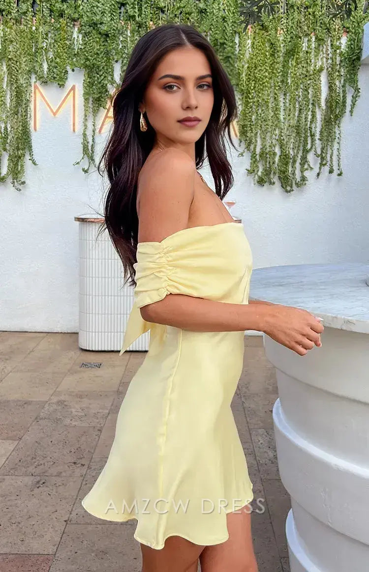 Amzcw Elegant Homecoming Dresses A-Line Primrose Yellow Satin Off the Shoulder Mini Dress short hot sale for women