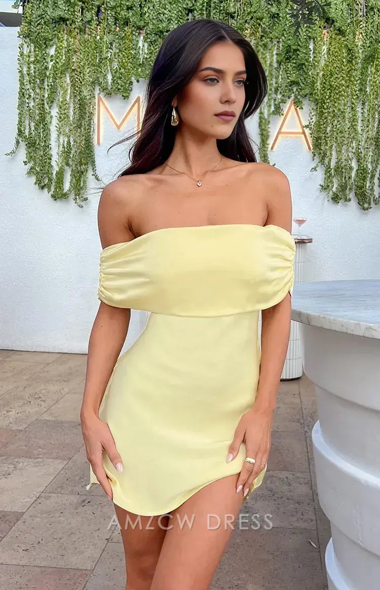 Amzcw Elegant Homecoming Dresses A-Line Primrose Yellow Satin Off the Shoulder Mini Dress short hot sale for women