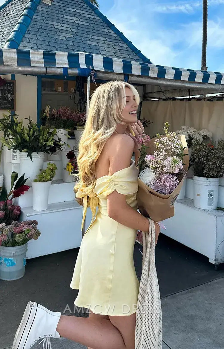 Amzcw Elegant Homecoming Dresses A-Line Primrose Yellow Satin Off the Shoulder Mini Dress short hot sale for women