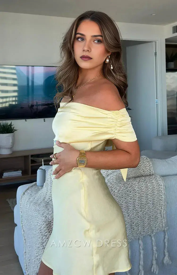 Amzcw Elegant Homecoming Dresses A-Line Primrose Yellow Satin Off the Shoulder Mini Dress short hot sale for women