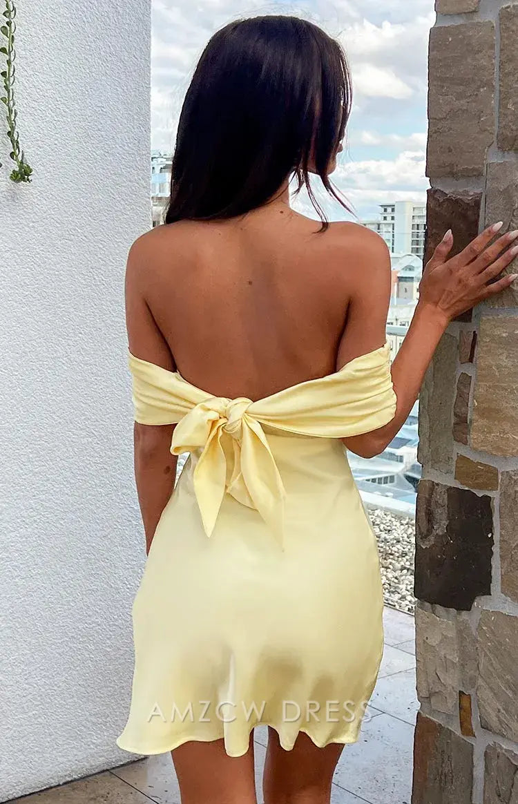 Amzcw Elegant Homecoming Dresses A-Line Primrose Yellow Satin Off the Shoulder Mini Dress short hot sale for women