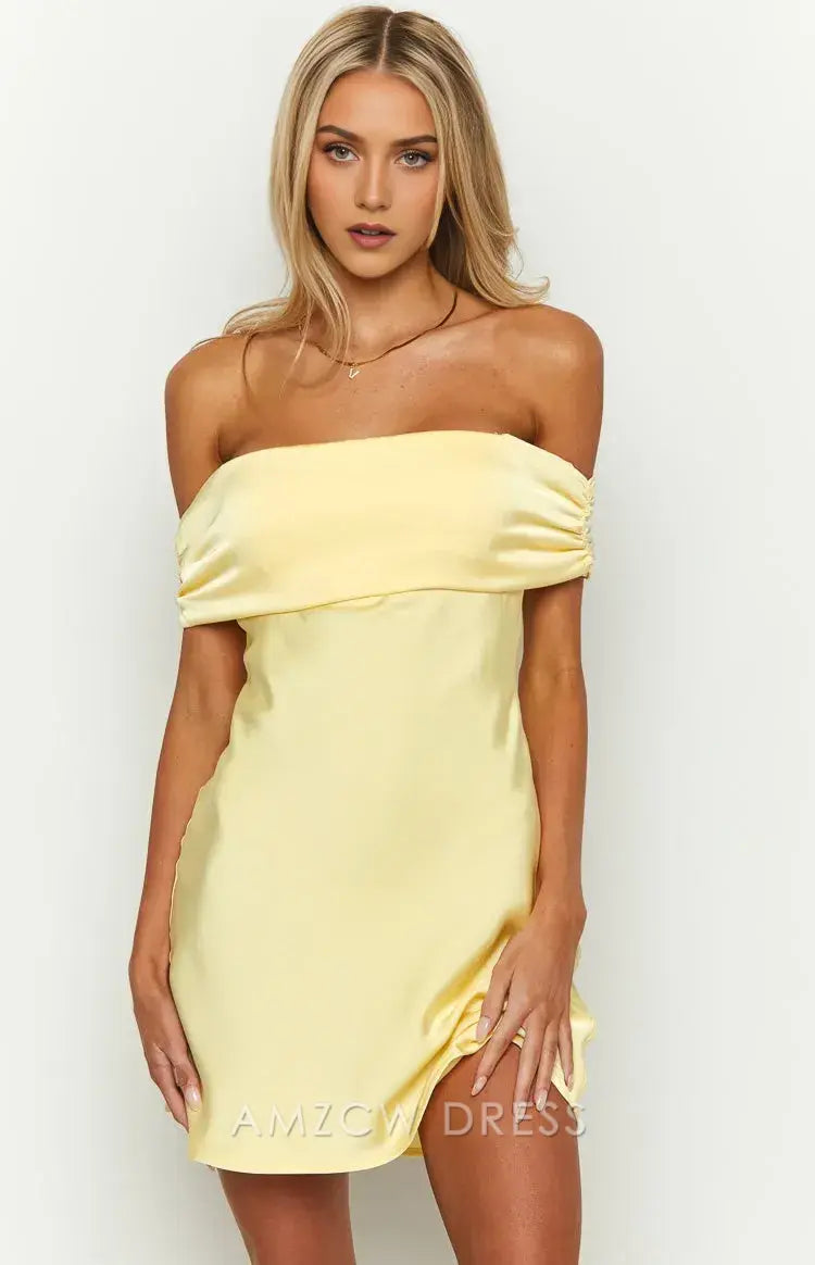 Amzcw Elegant Homecoming Dresses A-Line Primrose Yellow Satin Off the Shoulder Mini Dress short hot sale for women