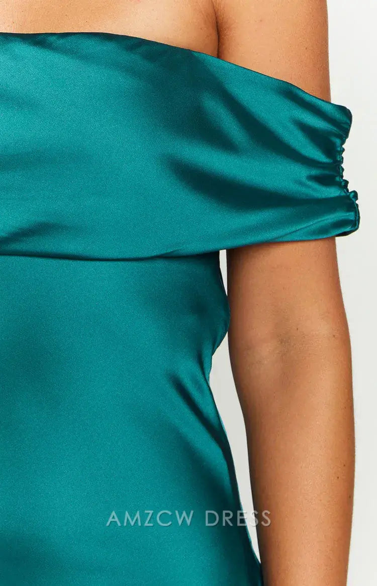 Amzcw Elegant Homecoming Dresses A-Line Teal Satin Off the Shoulder Mini Dress short hot sale for women