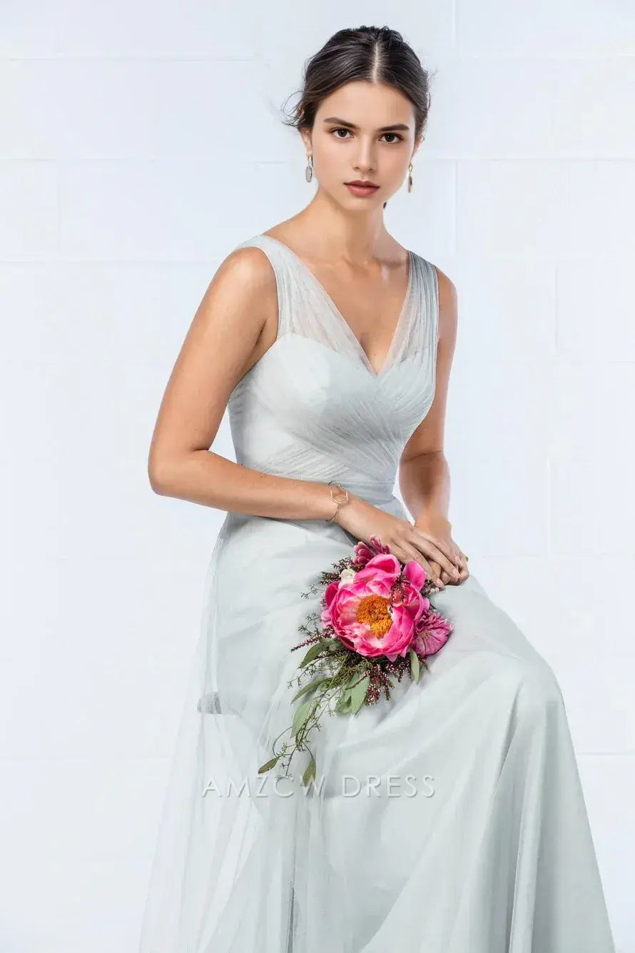 Vestido largo elegante Amzcw de tul gris claro con escote en V profundo y cintura alta, estilo formal.