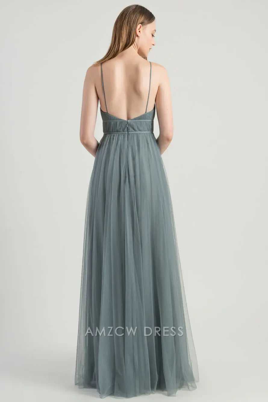 Vestido elegante Amzcw de tul gris claro con escote en V profundo, tirantes finos, cintura alta, fluido, largo hasta el suelo, vestidos formales